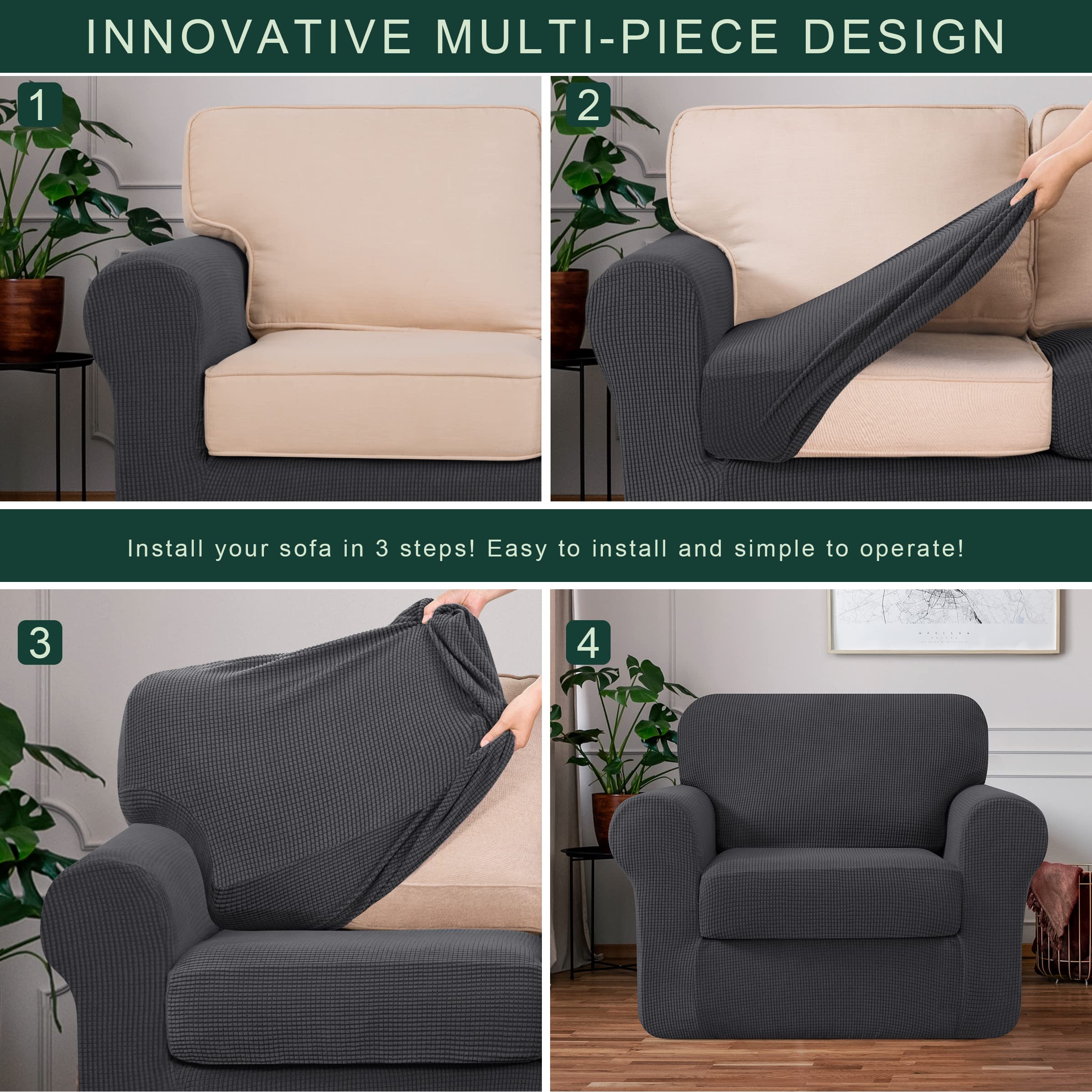 CHUN YI Stretch Armchair Cover 3 Piece Couch Cover, 1 Seater Settee Sofa Slipcover with Individual Backrest and Cushion Coat, Small Checks Spandex Jacquard Fabric, Small,Grey/Gray