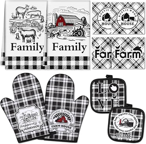 Juego de 10 manoplas de horno a cuadros de búfalo, toallas de cocina y soportes para ollas, guantes de horno de cocina blanco y negro, almohadillas