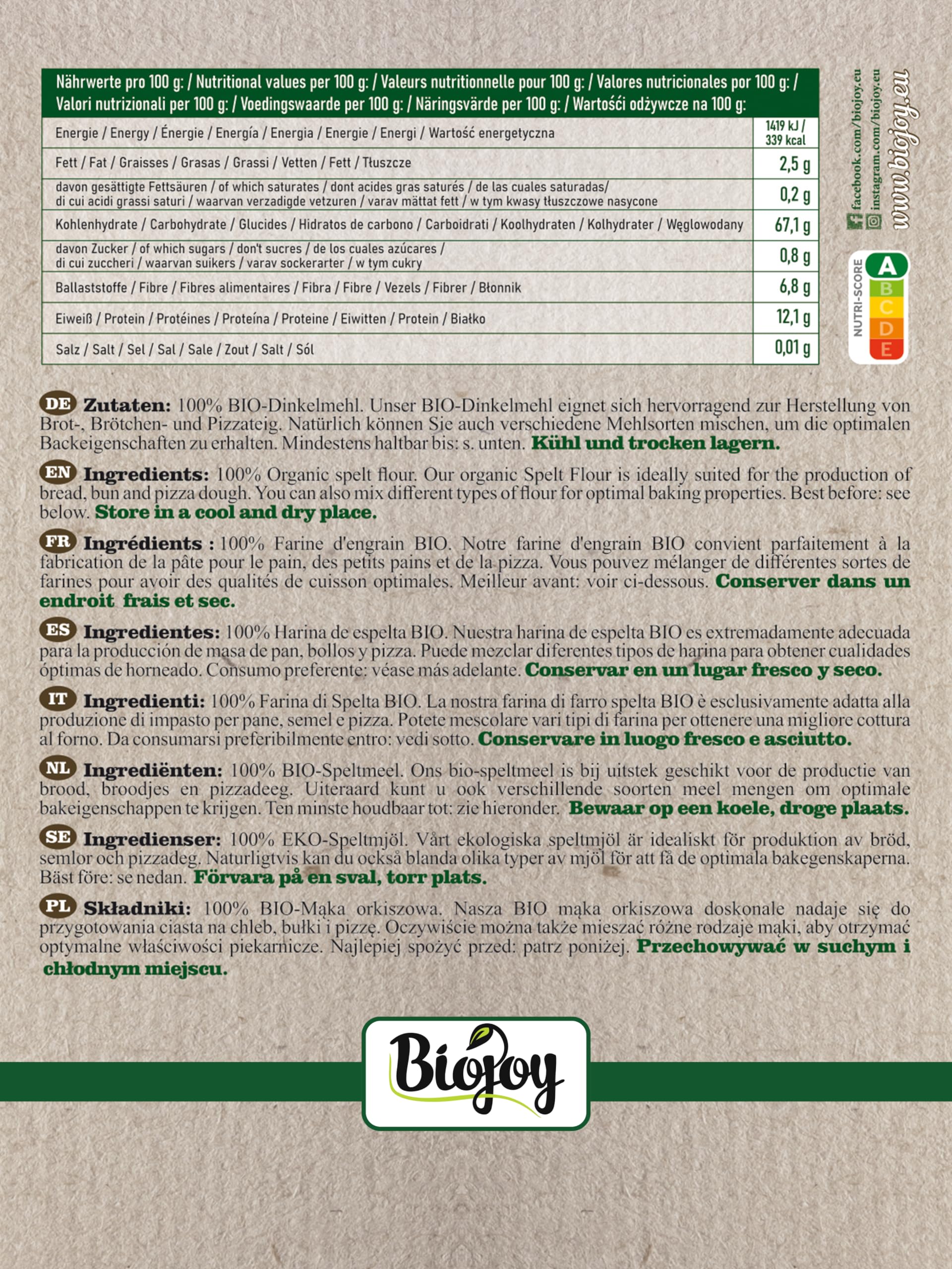 Biojoy Farine d’Epeautre BIO (5 kg), naturelle et pure, sans additifs