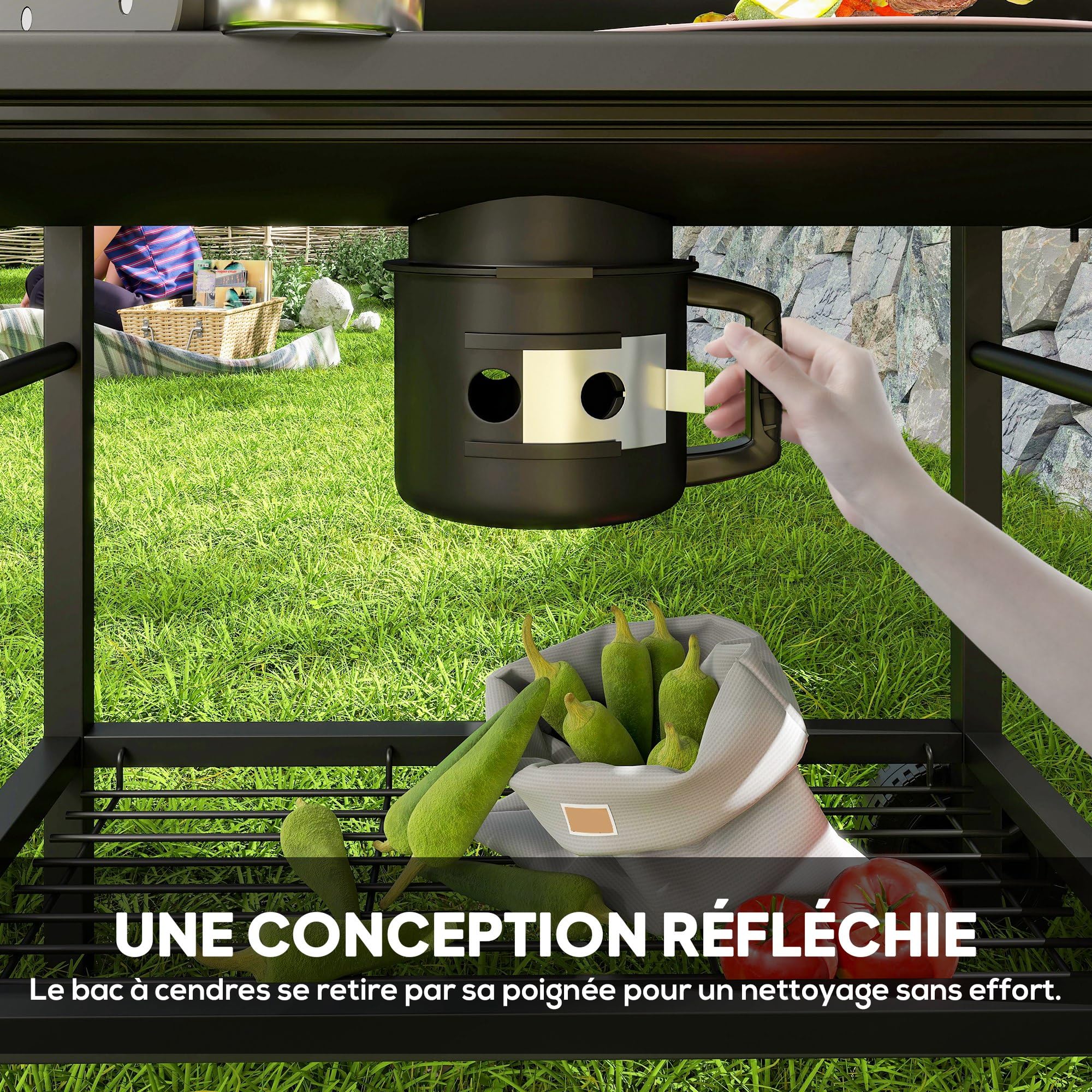 Outsunny Barbecue charbon de bois avec tablette avant pliable, grand barbecue au charbon de bois avec tablette inférieure, grille de cuisson, couvercle avec thermomètre et 2 roues, noir