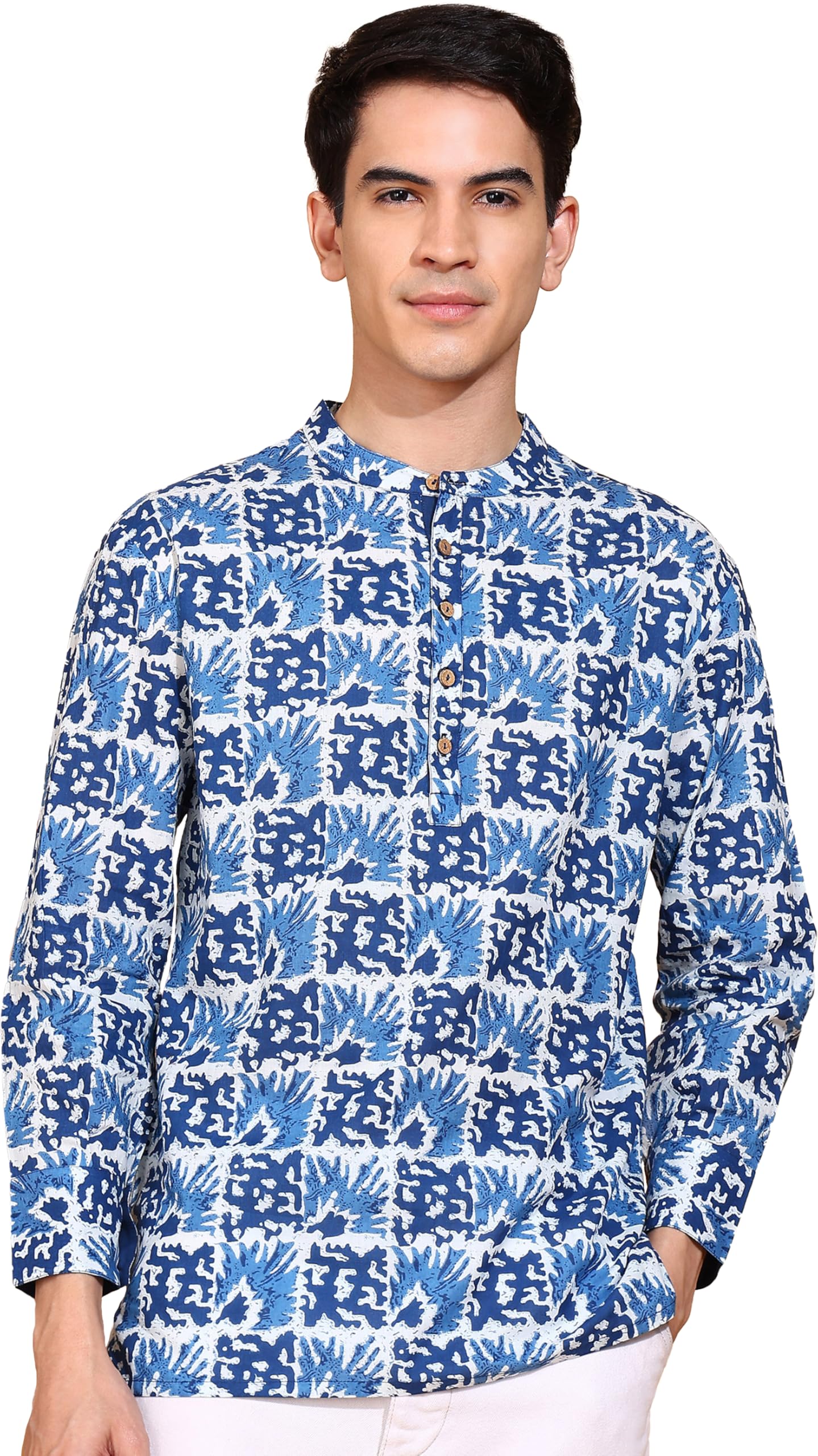 Men's Cotton Regular Fit Geometrical Printed Mandarin Collar Full Sleeves Short Kurta-image-38
