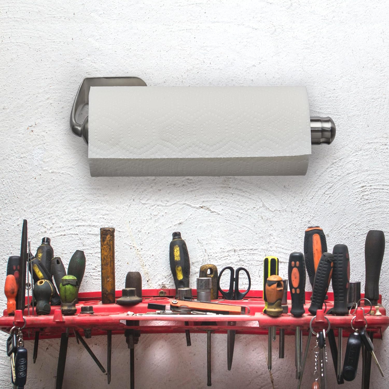 Kamenstein Perfect Tear Wall Mount Paper Towel Holder, Patented Design for One-Handed Use, Rounded Finial, 14-Inch, Brushed Silver Metal Finish