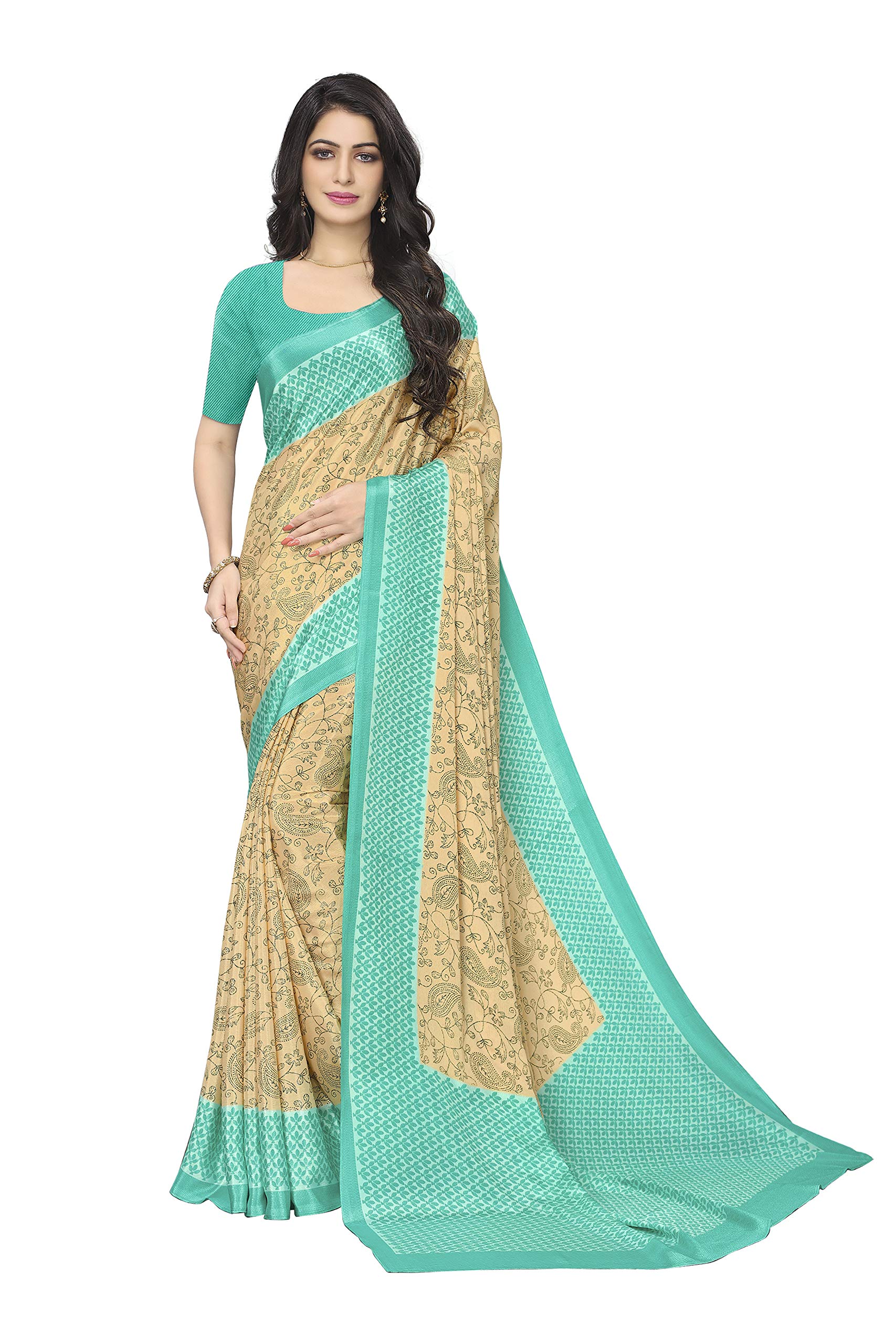 Vimla* Women's Beige Turkey Art Silk Uniform Saree with Blouse Piece (7011 Beige_Free Size)