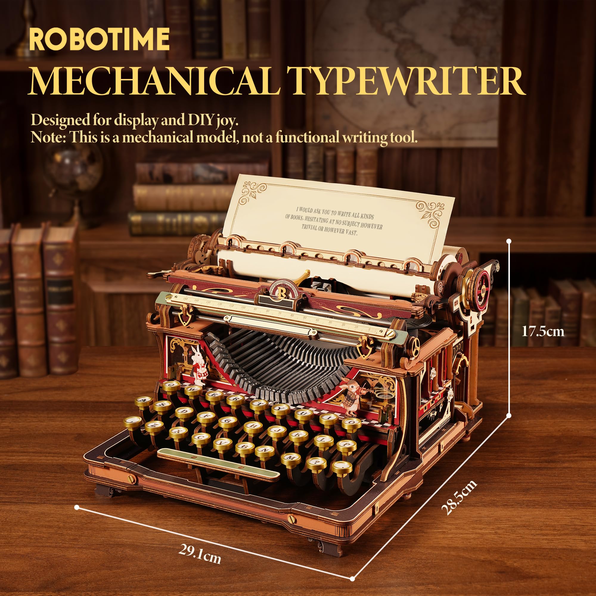 ROBOTIME Mechaniczna drewniana maszyna do pisania puzzli 3D - zestaw do samodzielnego wykonania w stylu vintage dla dorosłych, mechaniczny model ruchu, klasyczna i magiczna edycja, dekoracja biurka
