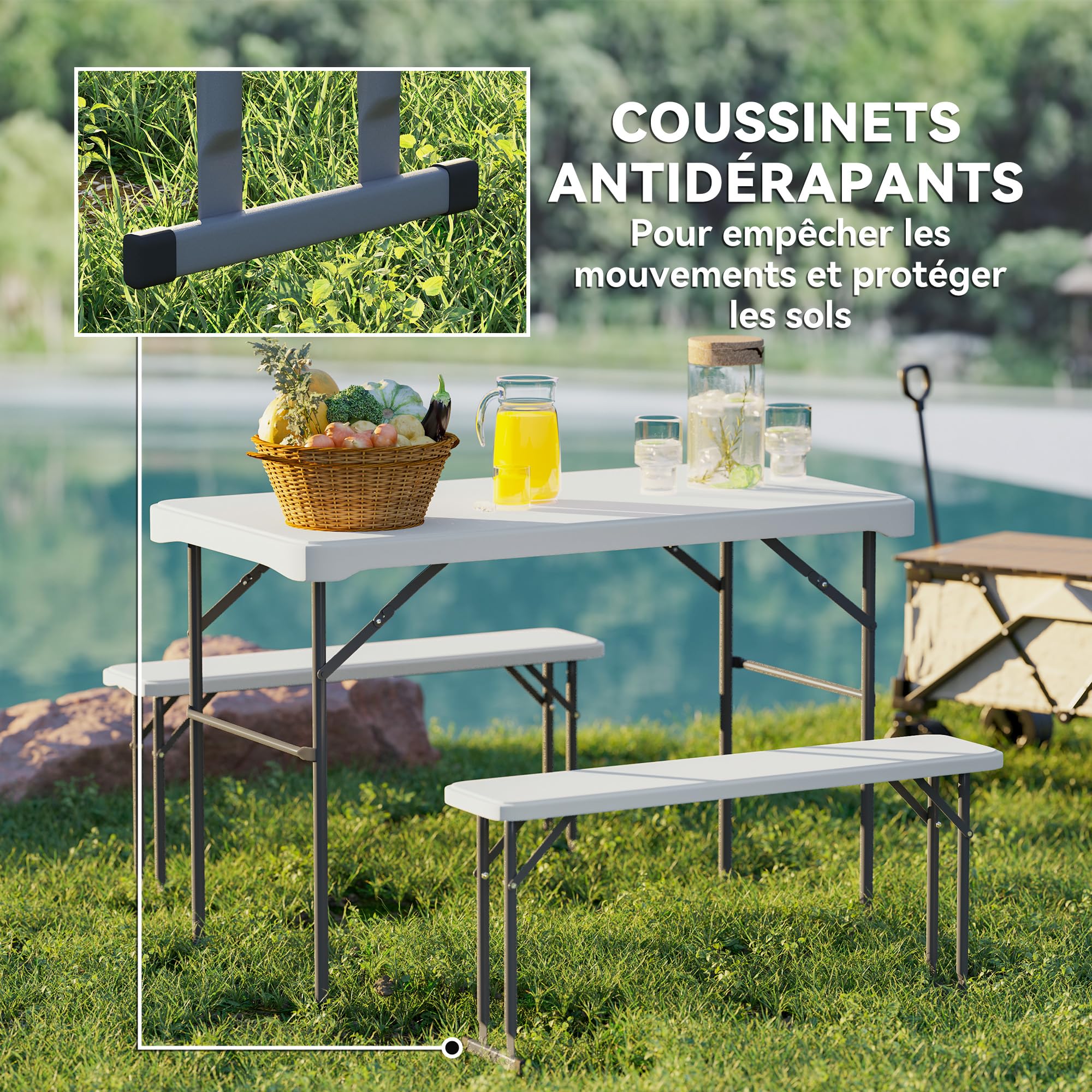 Outsunny Set tavolo pieghevole e panche da picnic 113 cm, tavolo da campeggio pieghevole con sedie portatili con maniglie per il trasporto, pieghevole, grigio chiaro