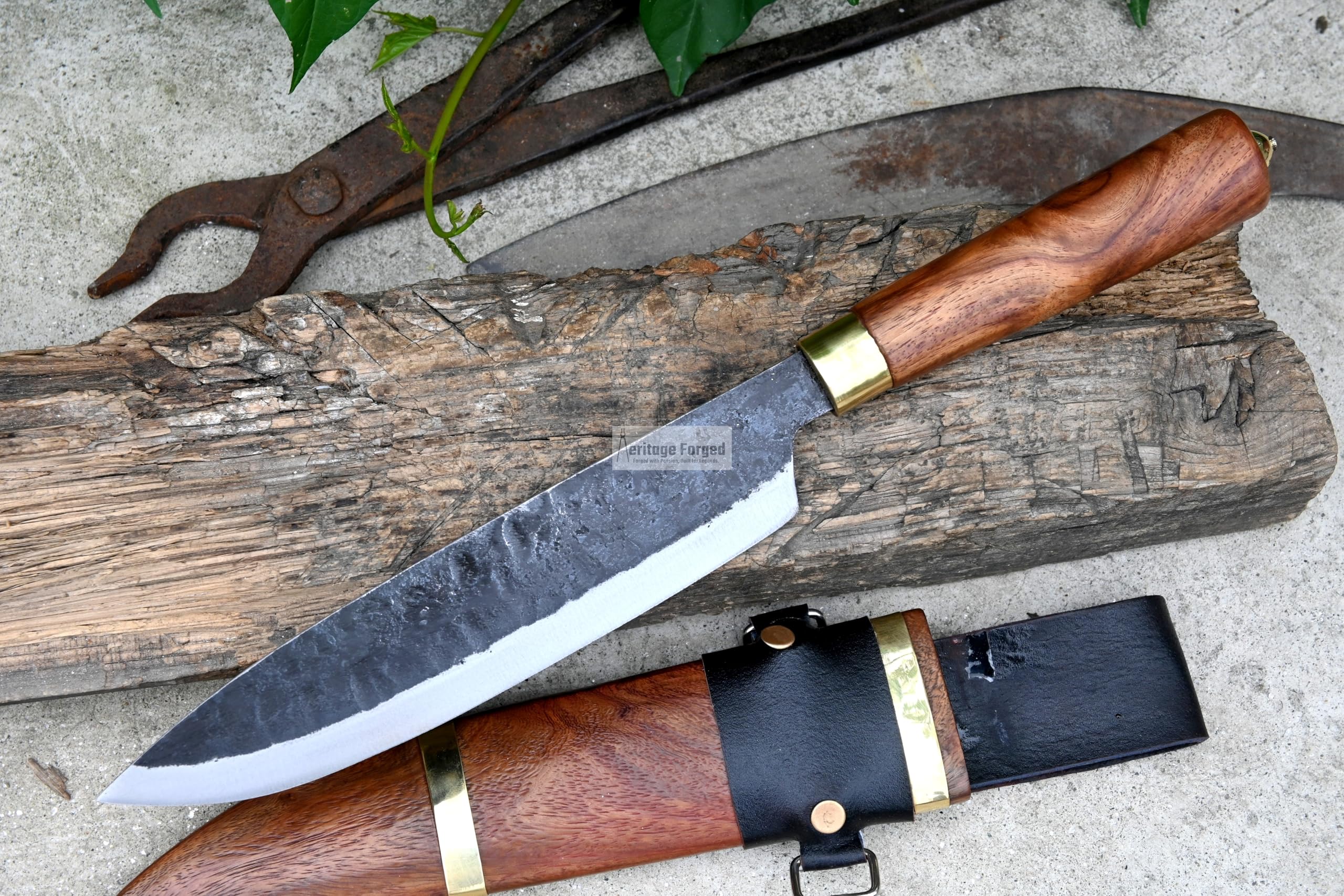 THE NEPAL Hand-Forged 9 inches Long Blade Jungle Chef Knife – 5160 Steel Blade, Rosewood Handle, Tempered & Ready to Use, Includes Wooden Scabbard