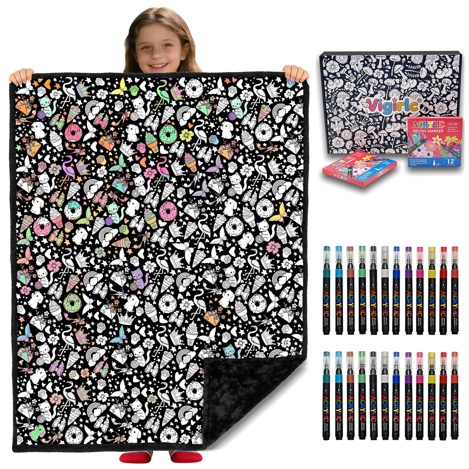 DIY Coloring Blanket for Adults & Kids, 50 x 60 Inch (Animals) | 2 Sets of 12 markers, double-sided and velvet back, machine washable, for all ages, daily use & home decor