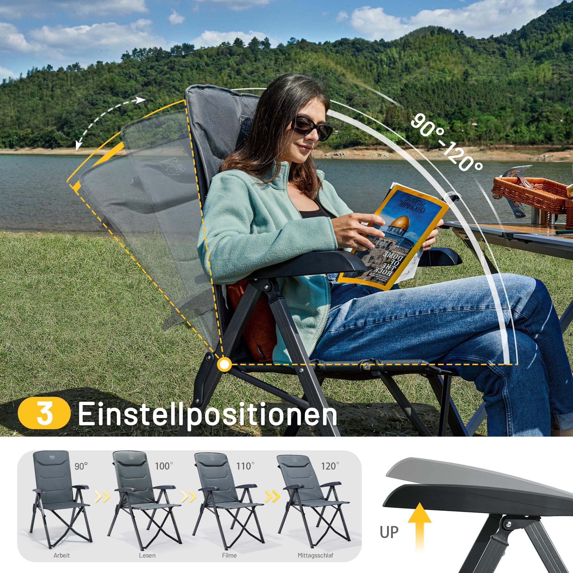 TIMBER RIDGE Campingstuhl Faltbar Hohe Lehne Kleines Packmaß Klappstuhl Camping 150kg mit 4 Positionen verstellbar mit Tasche Liegestuhl Alu für Garten Balkon Wohnmobil