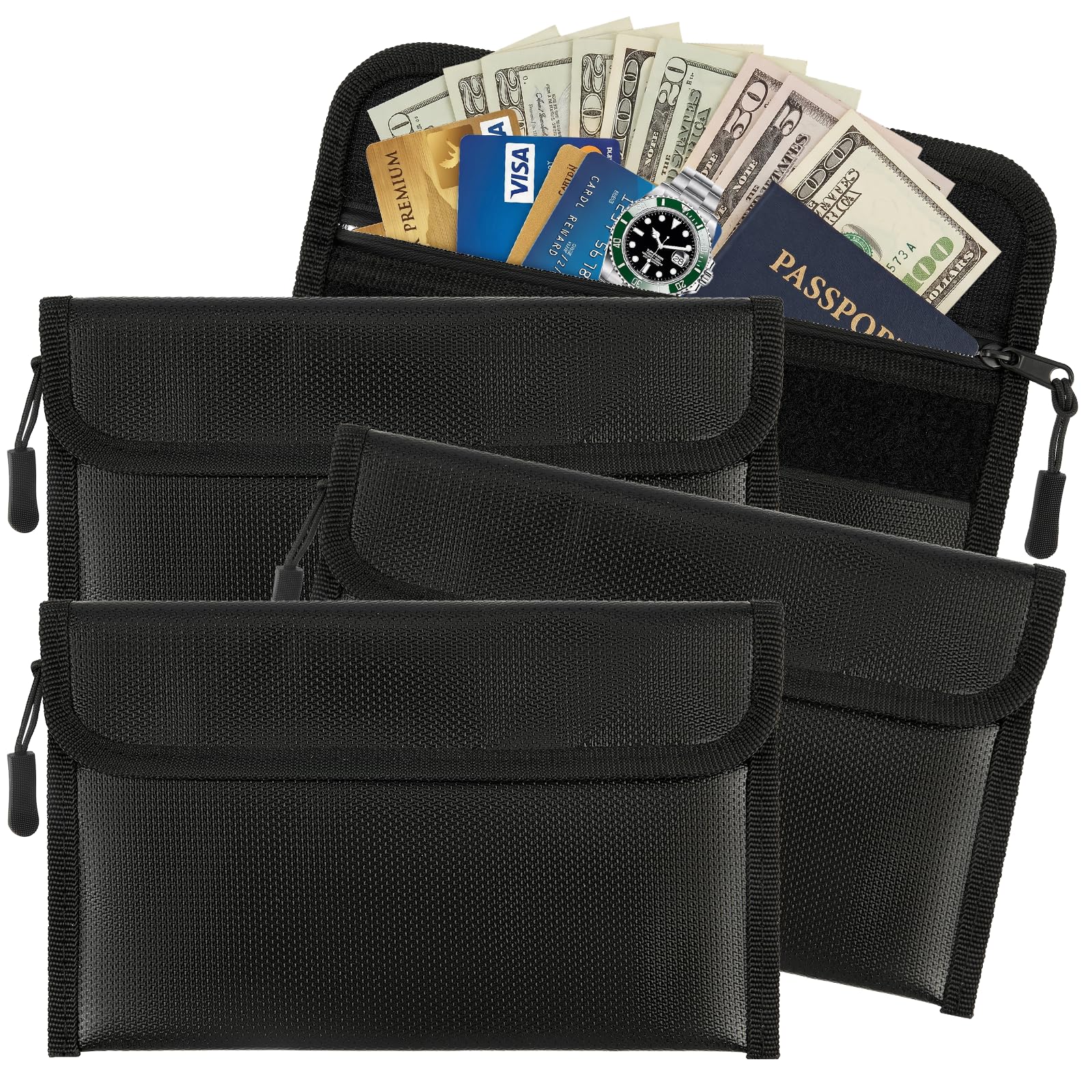 Ominelu 4 Pcs Fireproof Money Bag Fireproof Cash Bag Small Fire Proof Pouch Fire Resistant Bag with Zipper Hook & Loop Closure for Cash, Valuables, Passport (Black,23X14cm)