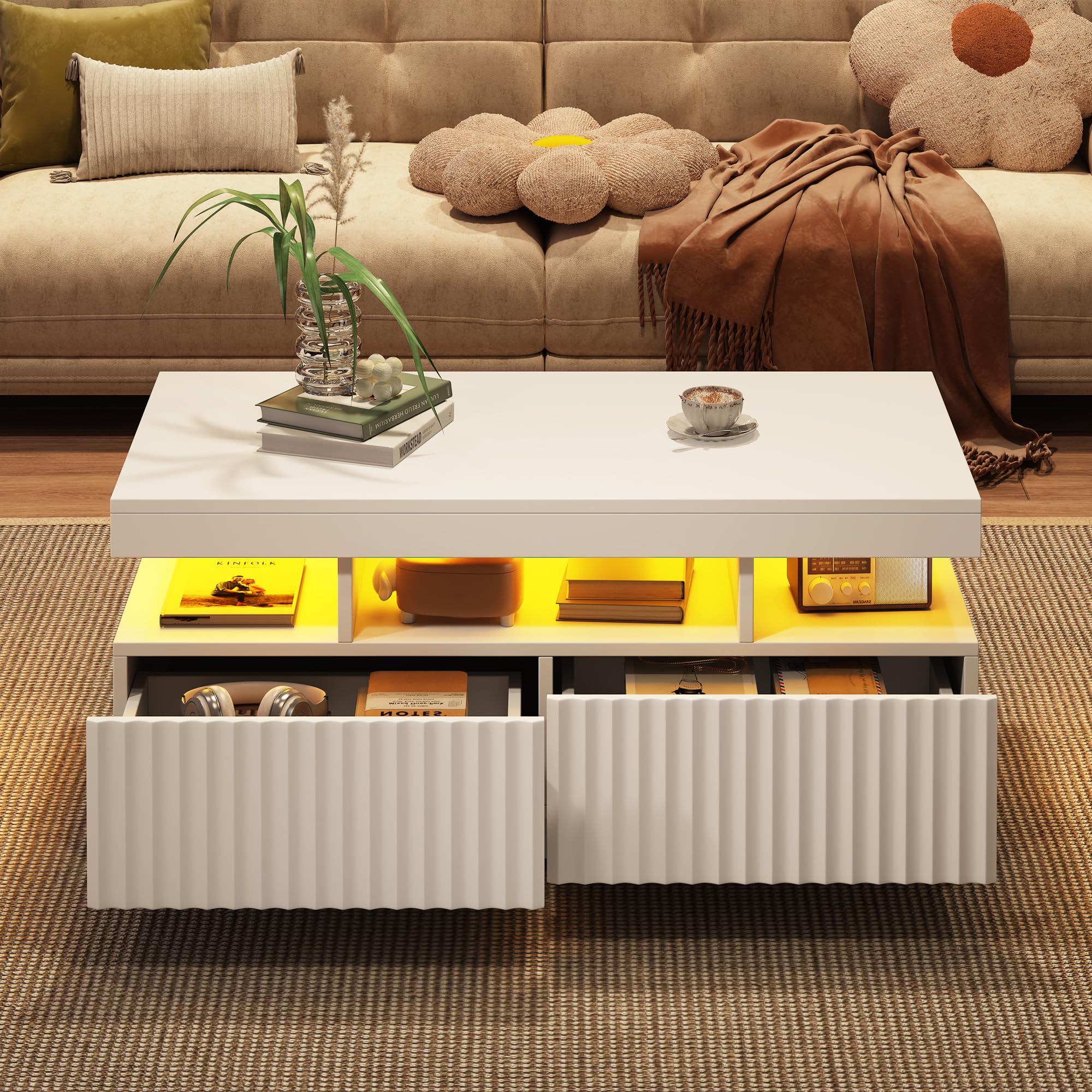 BTM Coffee Table with LED lights, 2drawers, Ribbed Decorative Centre Table, Sofa Side Table, Rectangle Coffee End Table for Living Room, Office, 100 * 50 * 45cm, white, Particleboard — image 1