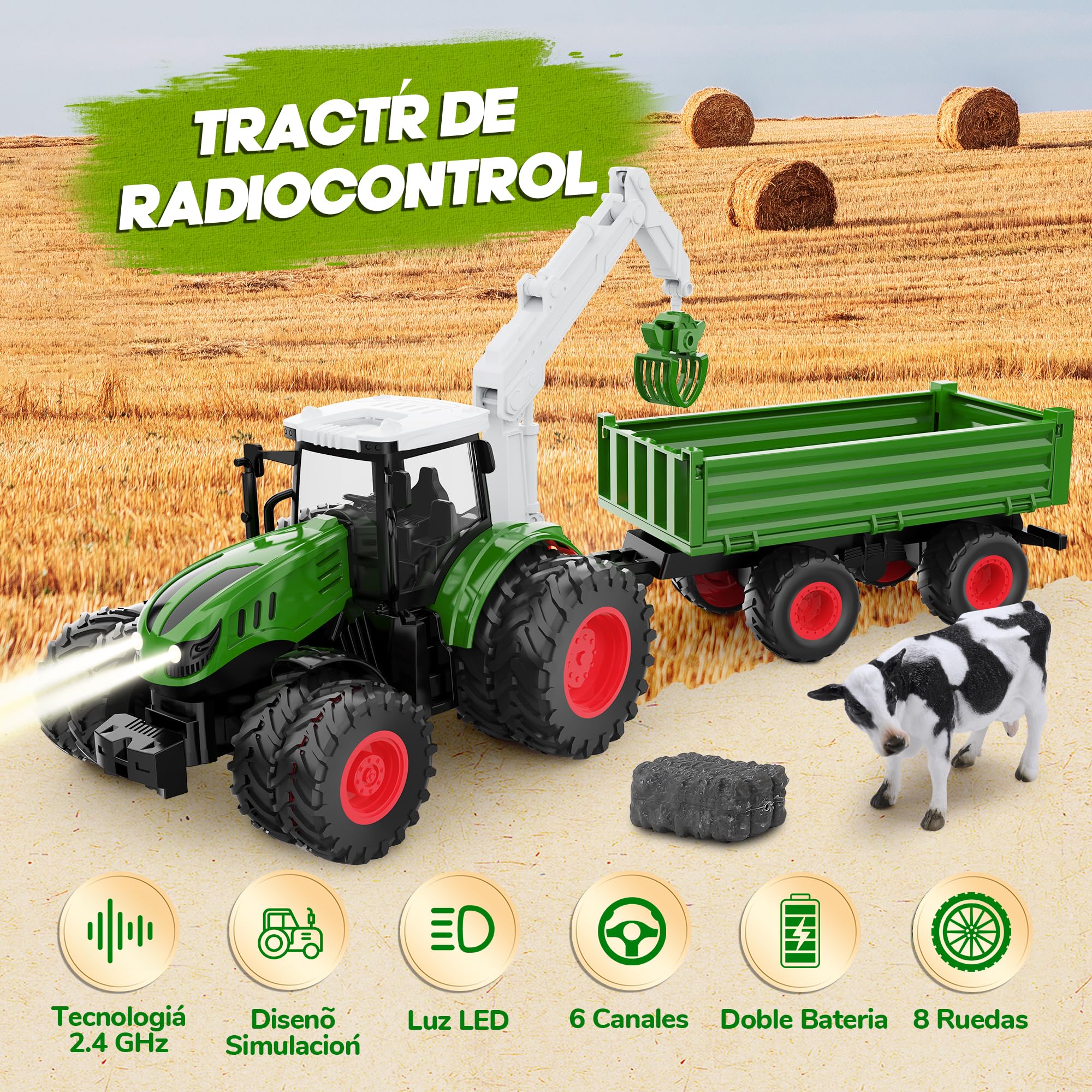 HappyGoLucky Tractor Teledirigido para Niños, 2.4GHz, 1:16 Tractor Juguete con Luz, Camion Teledirigido Regalo Niño 4-12 Años, Coches para Niños Juguetes Niños 3-9 Años, Regalo Navidad Niño Halloween