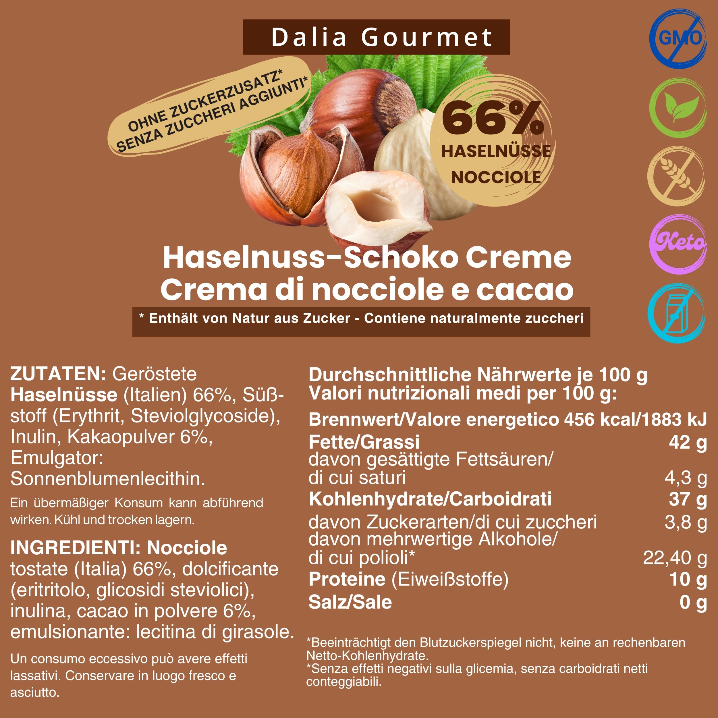 Crema di nocciole e cacao (4x200g) con 66% di nocciole - senza aggiunta di zuccheri e Vegan - prodotto artigianale italiano