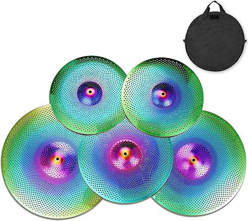 Paquete de platillos de bajo volumen, juego de platillos silenciosos de 14, 16, 18, 20 pulgadas (5 piezas, arcoíris) Bolsa de platillos incluida