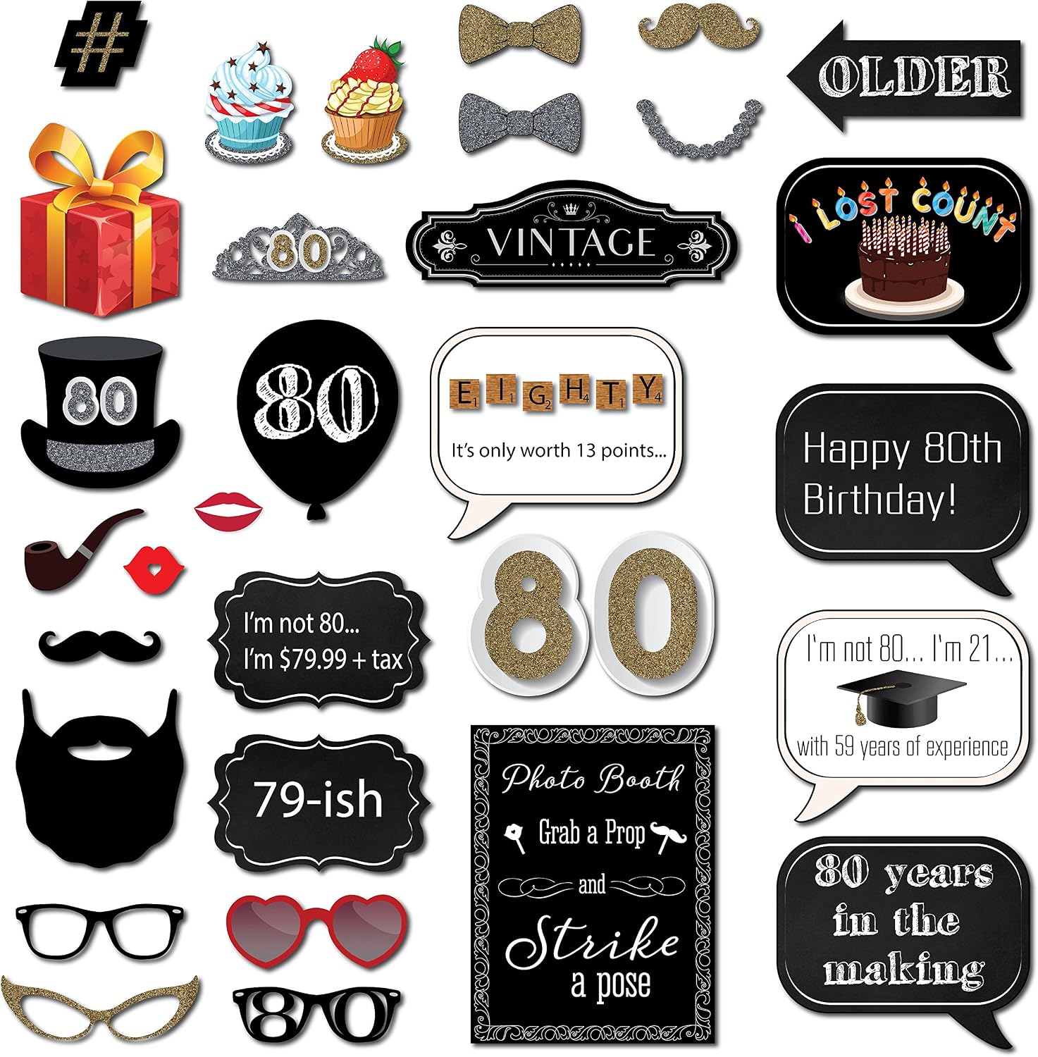80th Birthday Photo Booth Props - 31-pc Selfie Props with 8 x 10-Inch Sign, 45 Adhesive Pads, 35 Sticks - Selfie Photo Booth Birthday - 80th Bday Party Supplies