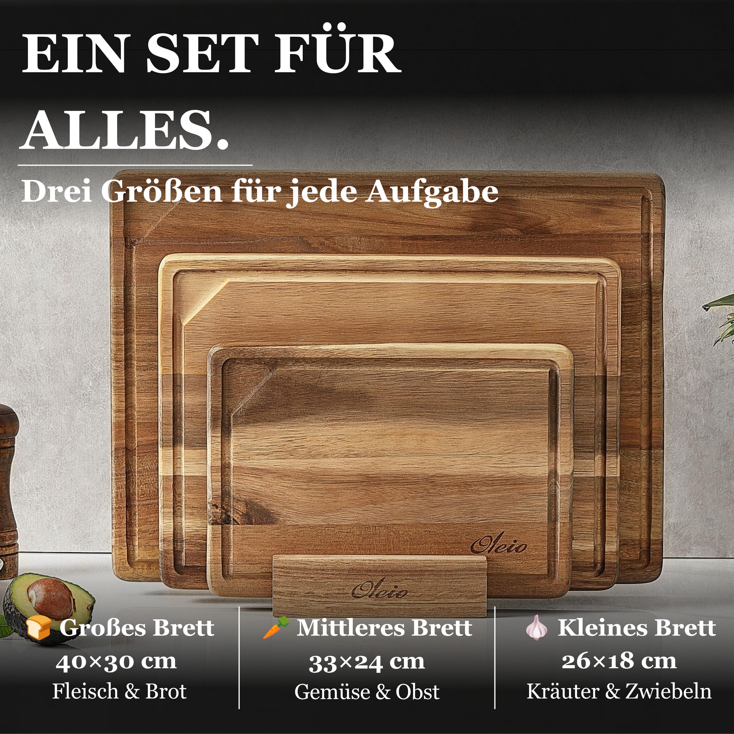 OLEIO Schneidebrett Holz 3er Set Massiv Akazie – Holzschneidebrett Küche | Mit Saftrille, Griffmulden & Halter – Schneidebretter Set 40x30/33x24/26x18cm, rutschfeste Silikonfüße