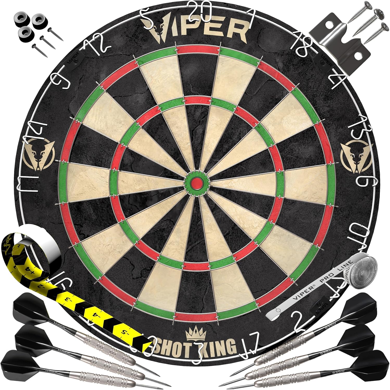 Viper by GLD Products Shot King Regulation Bristle Steel Tip Dartboard Set with Bullseye Metal Radial Spider Wire Compressed Sisal Board with Rotating Number Ring Includes 6 Darts Black