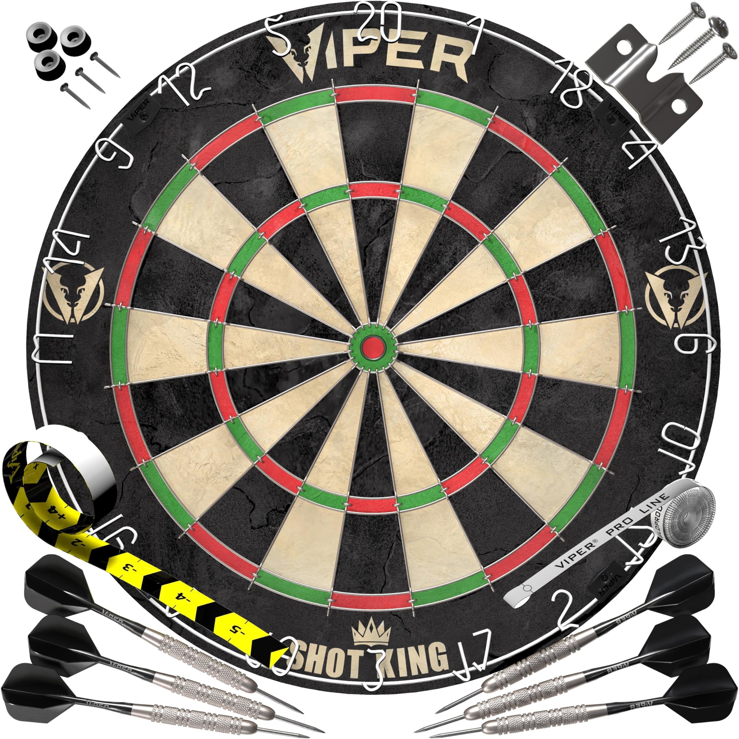 Viper by GLD Products Shot King Regulation Bristle Steel Tip Dartboard Set with Bullseye Metal Radial Spider Wire Compressed Sisal Board with Rotating Number Ring Includes 6 Darts Black
