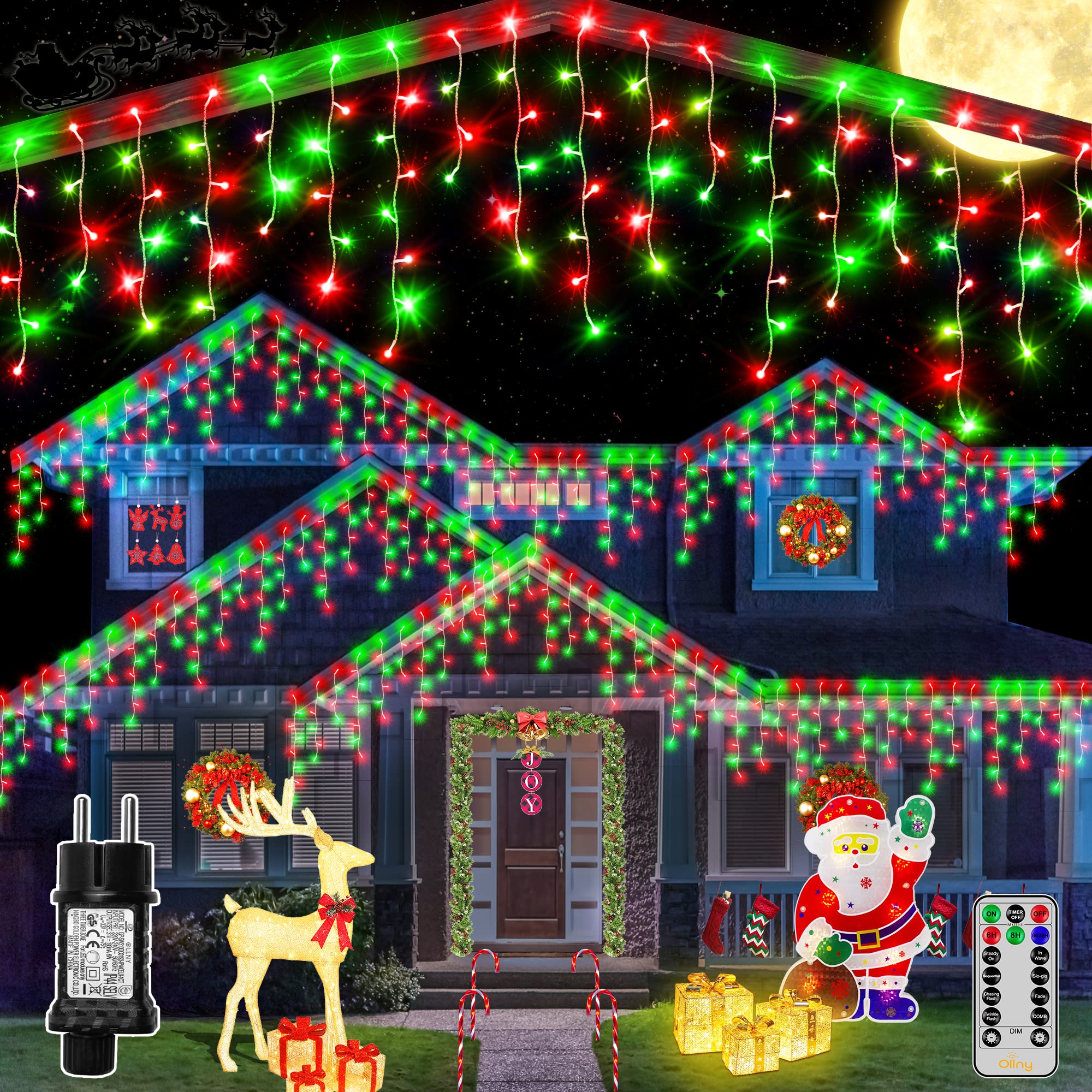 Ollny Weihnachtsbeleuchtung außen 12M 486LEDs Eisregen Lichterkette außen Rot und Grün IP44 wasserdicht 8 Modi mit Fernbedienung Timer EU Stecker für Pavillon Balkon