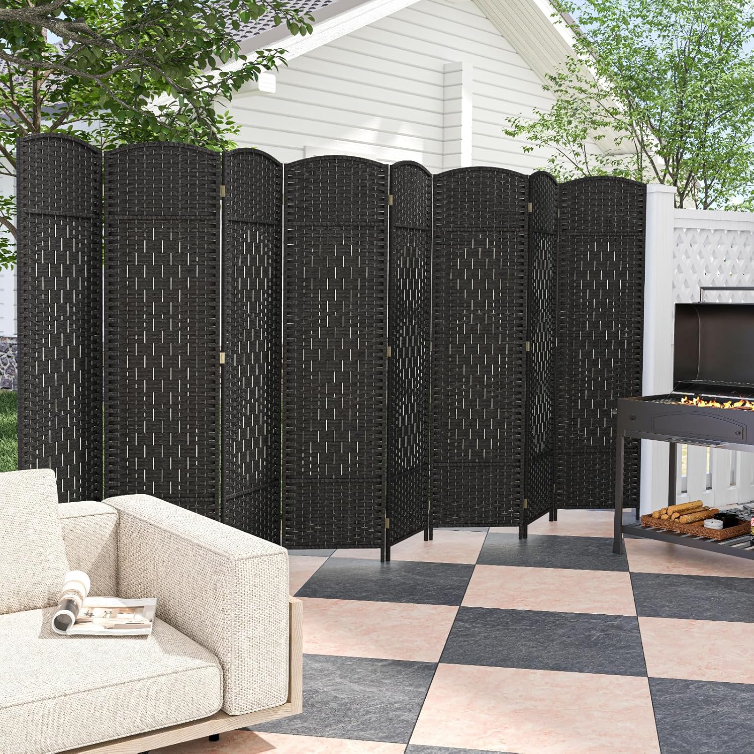 Giantex Room Divider 8 Panel - 6 FT Folding Privacy Screen, Fully Assembly, Solid Wood Frame, Hand-Woven Friendly Plant Fiber Straps, Freestanding Wall Partition for Bedroom Office (Black)