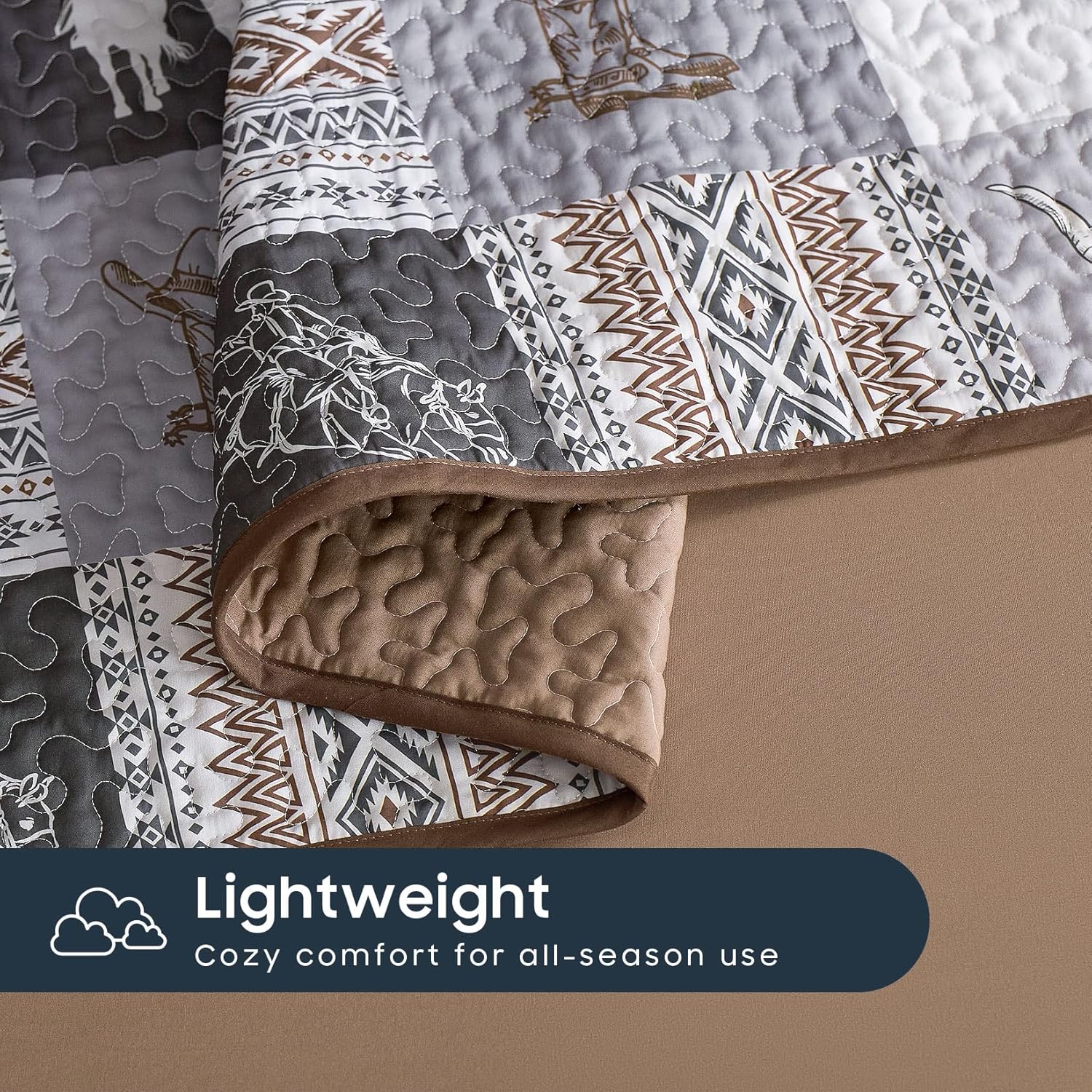 Wake In Cloud - Western Quilt Set, Southwestern Aztec Country Horse Cowboy Rustic Ranch Pattern Printed, Reversible Lightweight Bedspread Coverlet, 3 Pieces, Gray Brown, King Size - Image 7