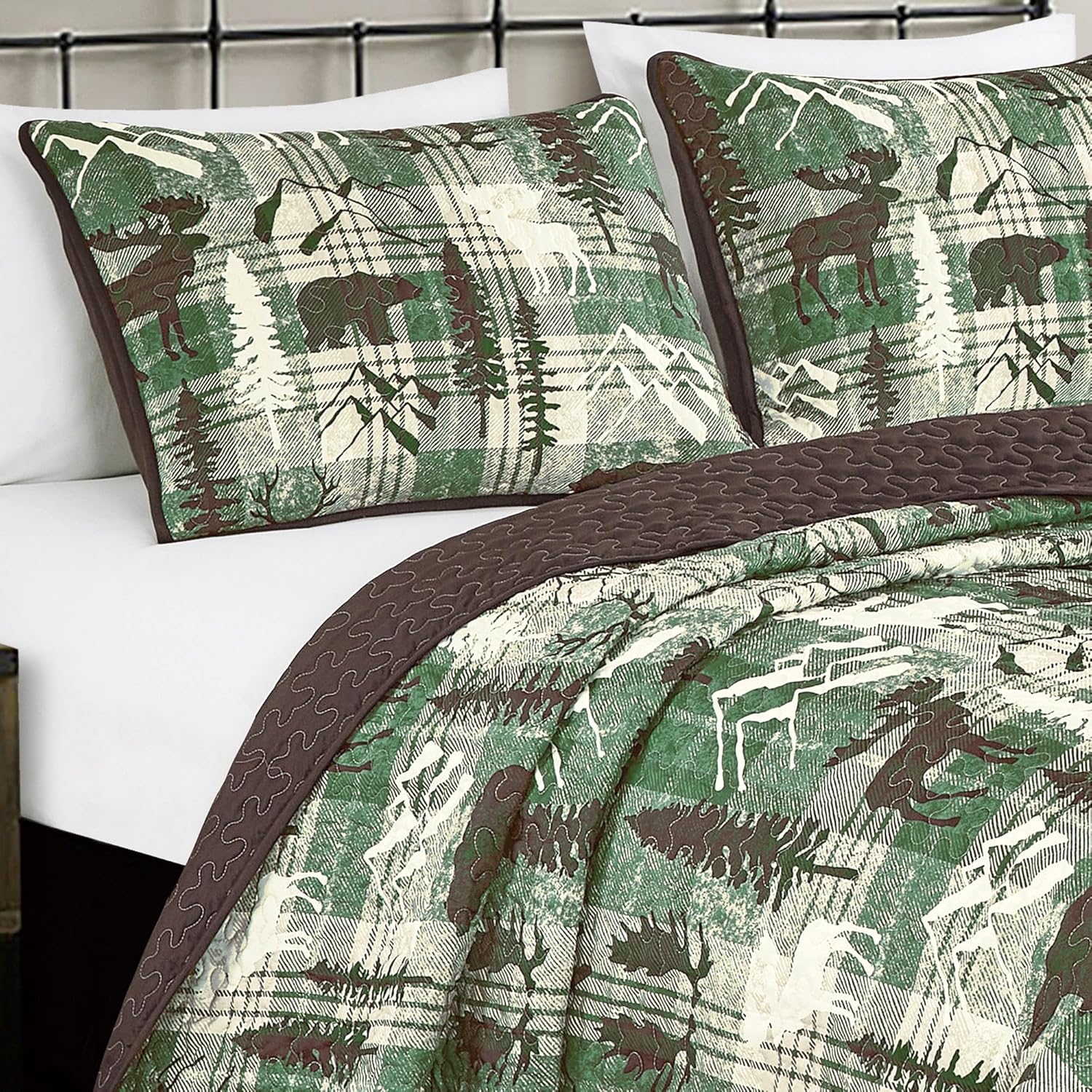 MarCielo 3-Piece Rustic Cabin Quilt Set Reversible Bedspread with Moose and Bear Pattern, Lightweight All Season Cabin Bedding(Green,Queen) - Image 6