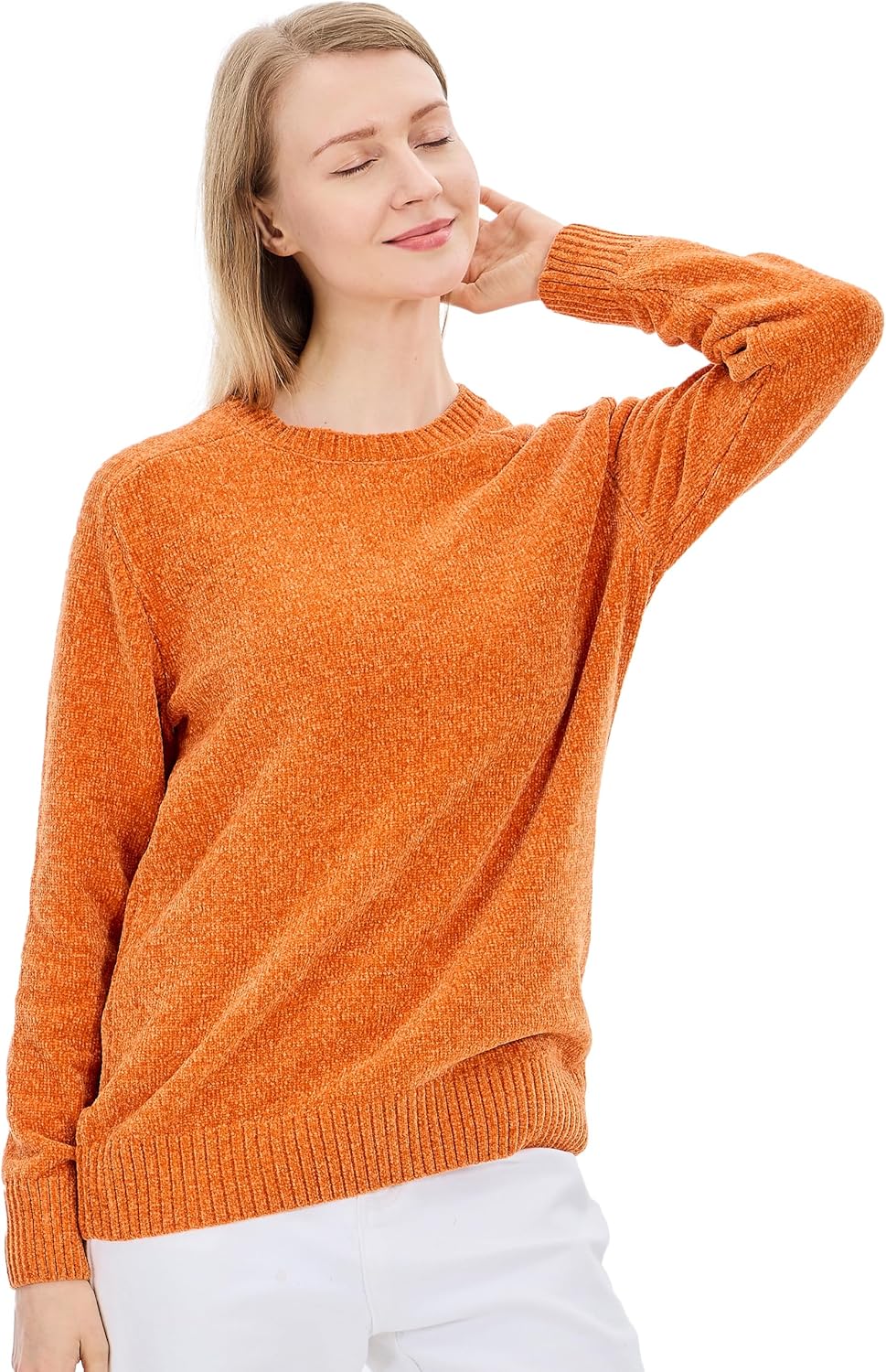 Simple&Opulence Women's Chenille Sweater Crewneck Long Sleeve Pullover Ribbed Cuff Hem Round Neck Jumper Tops