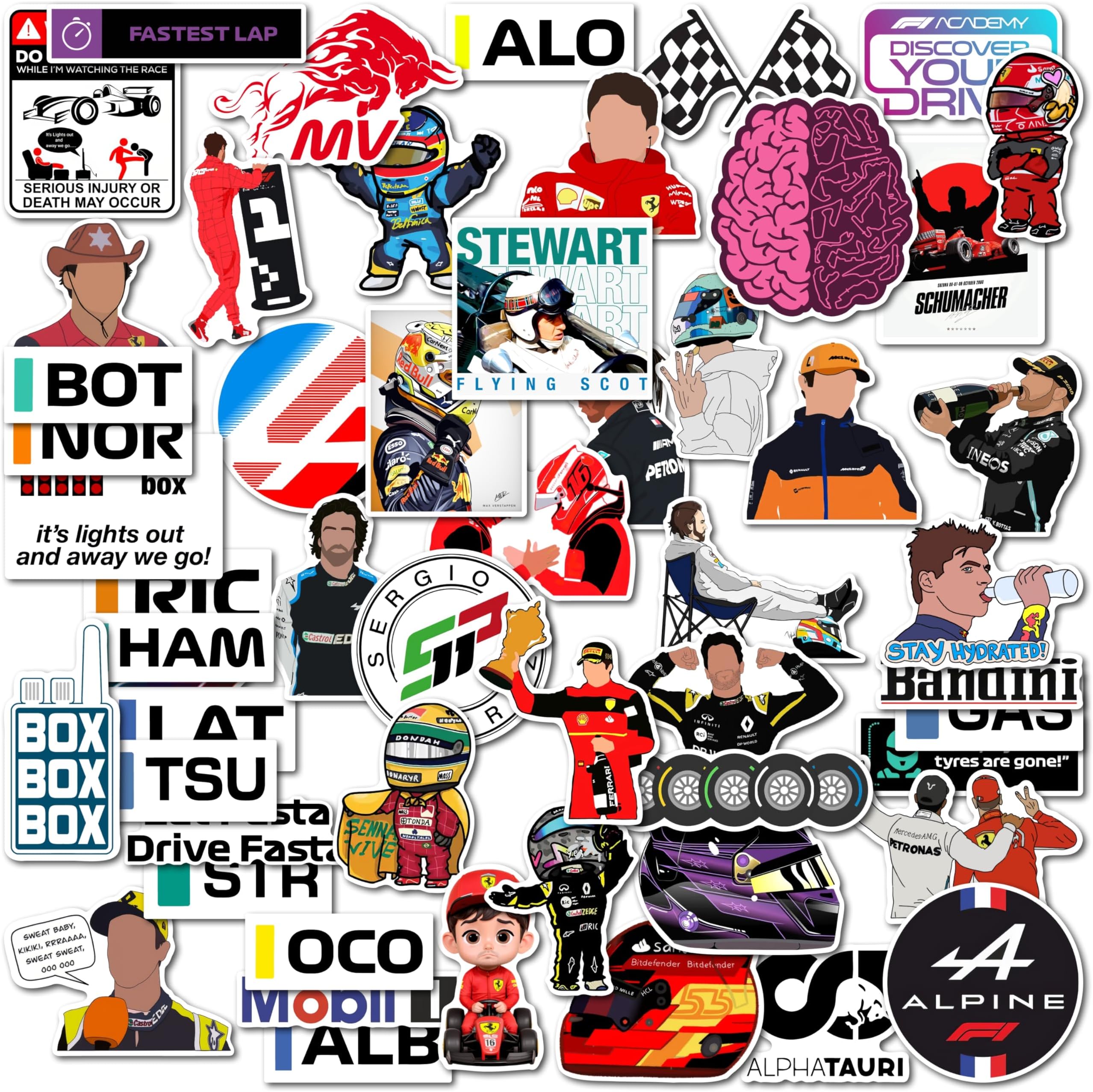WallDesign Ultimate F1 Racing Sticker Set Collection of 56 - Mobile, Laptop, Accessories, Gifting - Durable, Laminated, Quality Printed Vinyl for True Racing Fans-Self-Adhesive