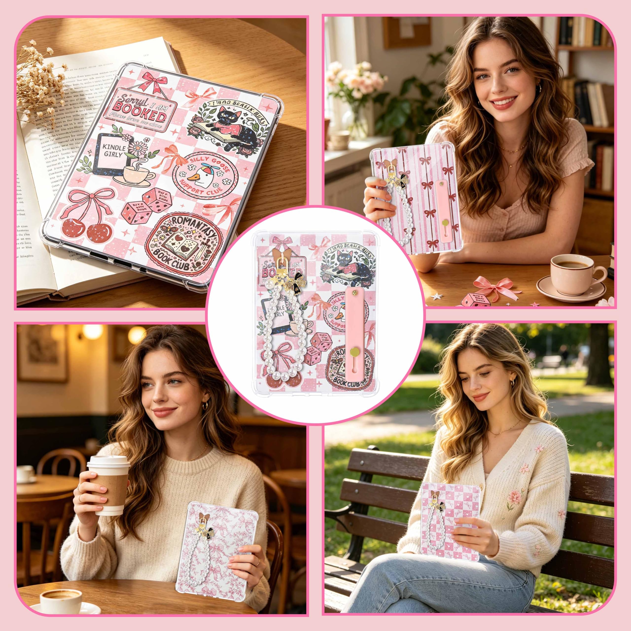 Mlife 8 inserti in cartoncino per Kindle E-Reader con 2 ciondoli e 49 adesivi per inserti Kindle, 1 supporto per impugnatura, 17 x 11,9 cm, inserti rosa per Kindle Paperwhite 11-12