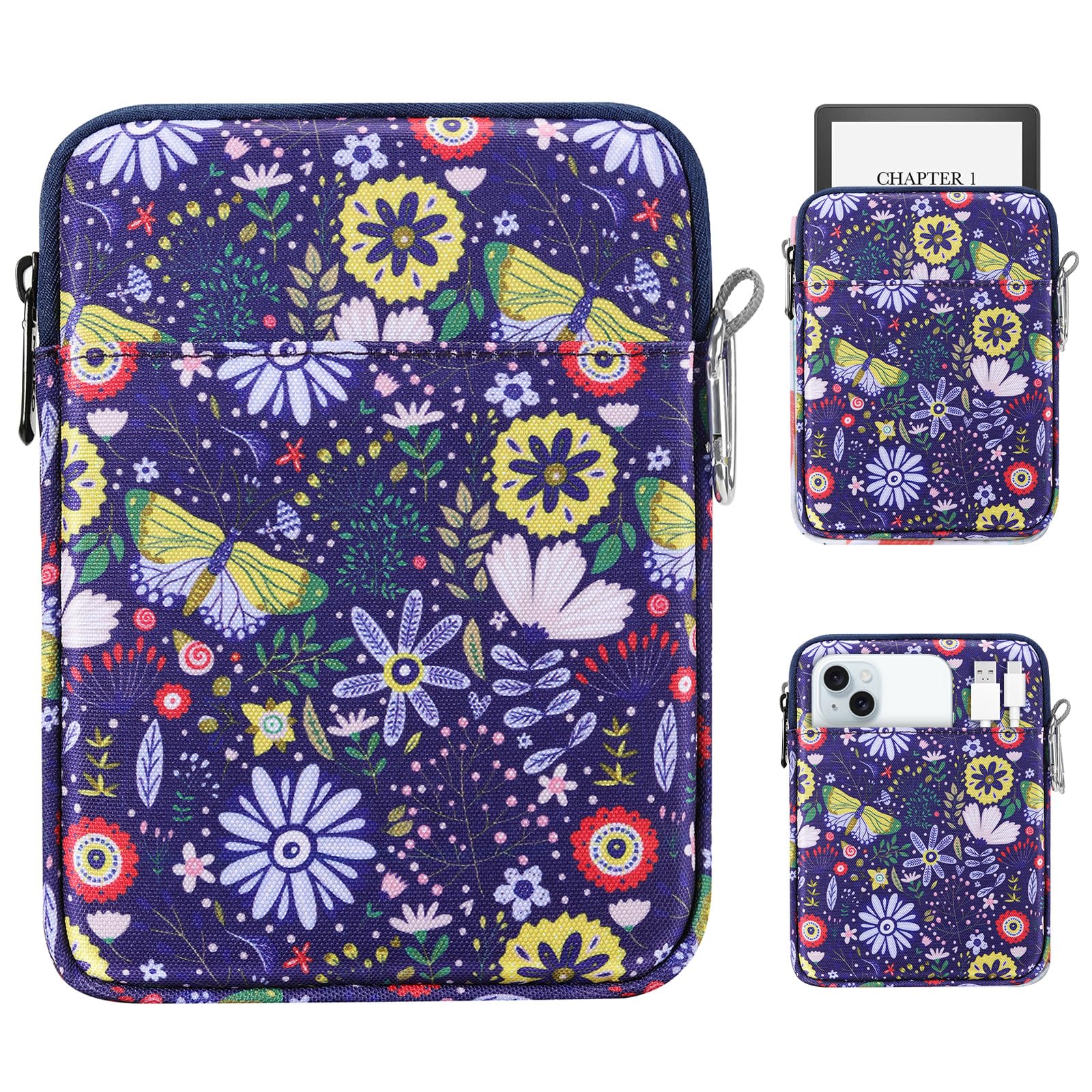 MoKo Padded Ereader Sleeve Case for 6-7 inch Ereader Tablet Bag Protective Cover Pouch with a Carabiner, Compatible with 7