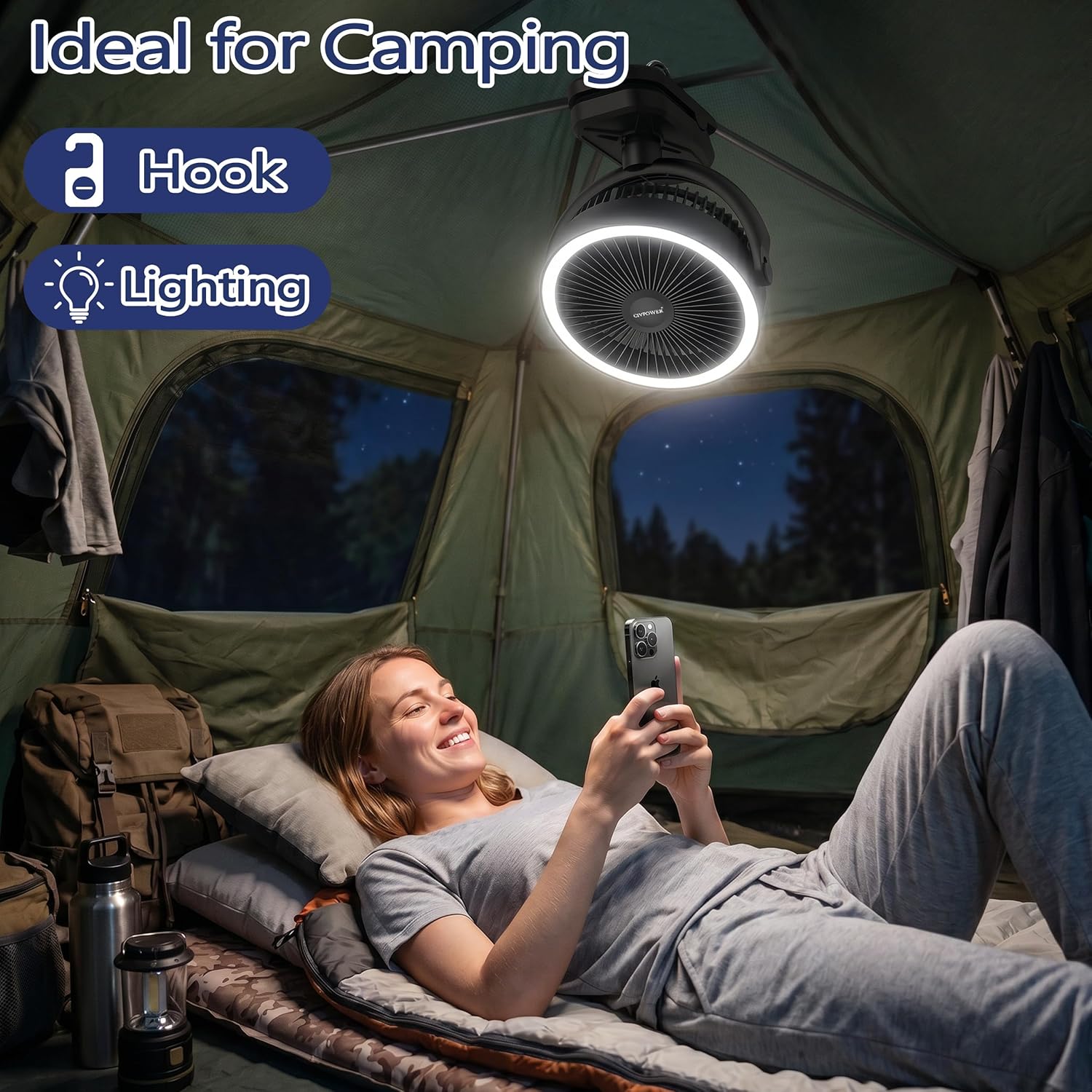 Clip on Fan 16000mAh: Portable Rechargeable Clamp Fan for Stroller Bed Camping Tent Golf Cart - Quiet Battery Operated with 3 Speed Strong Airflow LED Light Hook for Office Desk Outdoor (Black)
