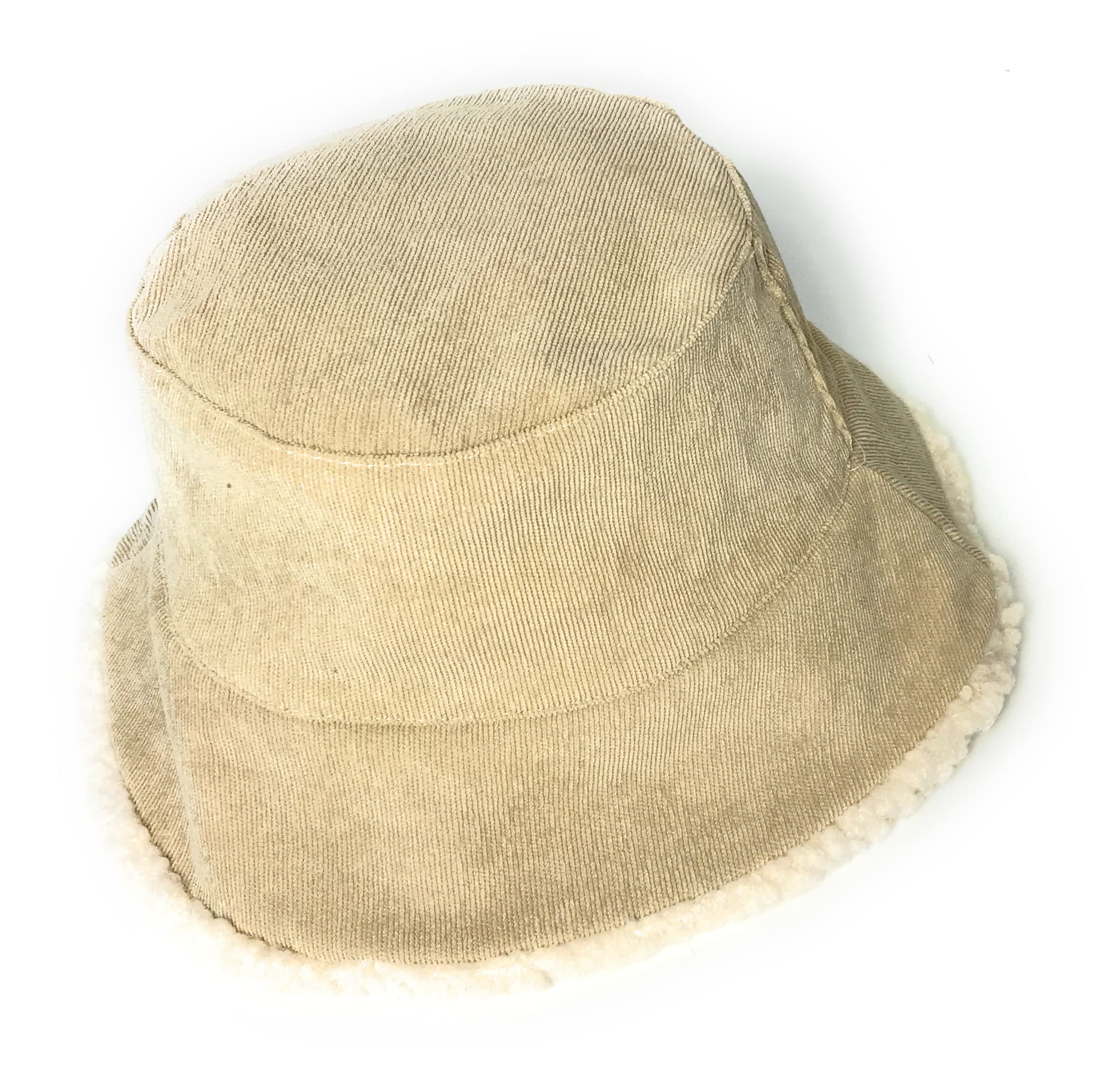 KGM Cool new Cord Bucket hat with Borg Teddy Bear Fleece Lining Men's Women's Hats (Cream)