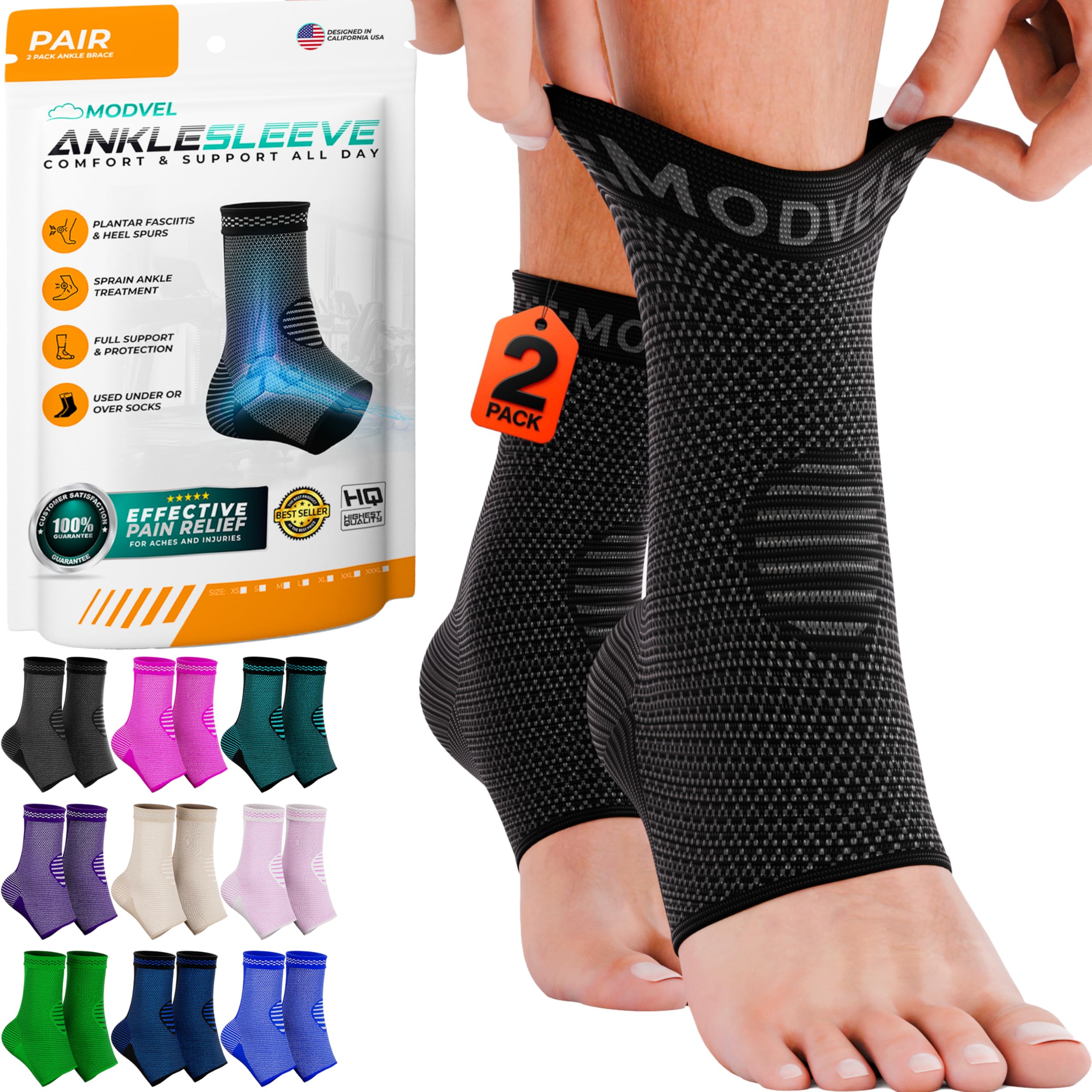 Modvel Foot & Ankle Brace Socks for Sprained Ankle Compression Sleeve - Plantar Fasciitis Relief Brace, Foot Support for pain Women & Men - Tendonitis & Arthritis Feet Sleeve, Stabilizing Ankles Wrap