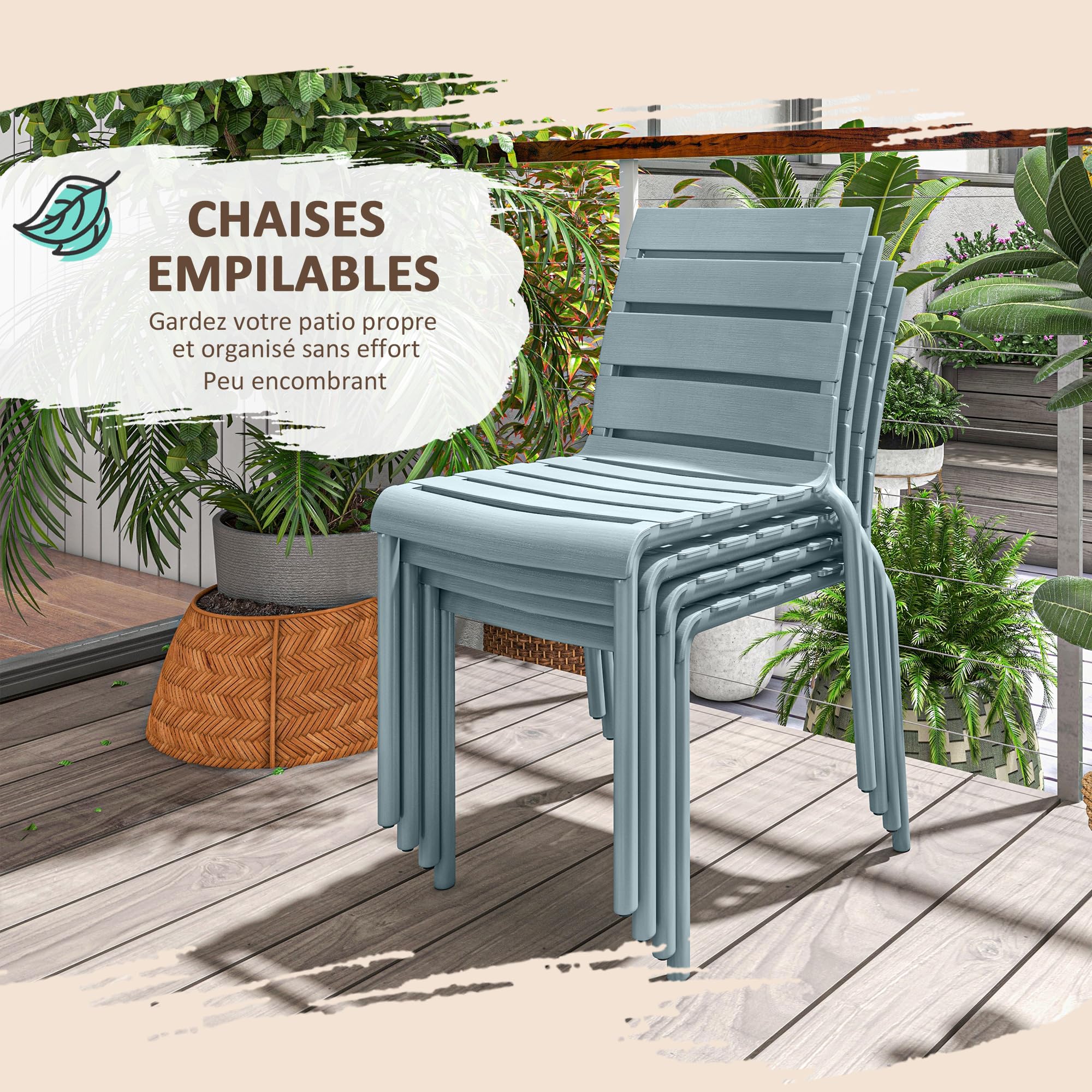 Outsunny Lot de 4 chaises de Jardin chaises de Bistro empilables avec Assise et Dossier à Lattes dim. 42L x 54l x 78H cm Gris