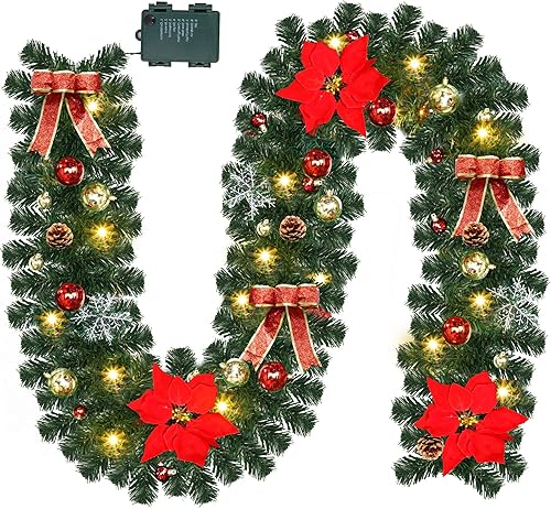 Lulu Home Guirnalda de Navidad, guirnalda de Navidad de 40 luces LED preiluminada de 9 pies con 24 bolas de Navidad, guirnalda de Pascua iluminada