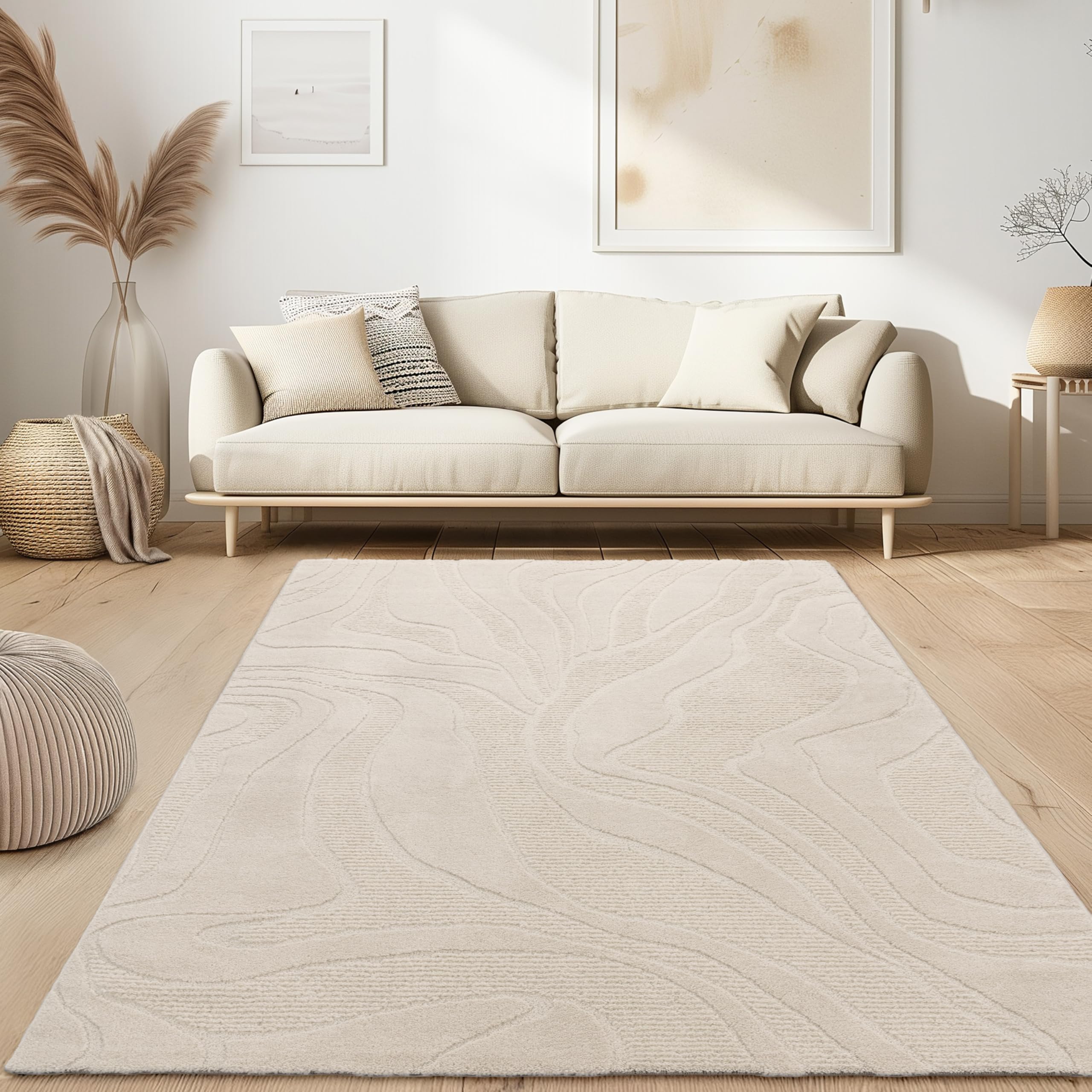 Alfombra Salón Pelo Corto Escandinava Japandi Estilo Boho Panglao Unicolor Motivo Abstracto Efecto 3D Suave al Tacto Crema, tamaño:160x220 cm