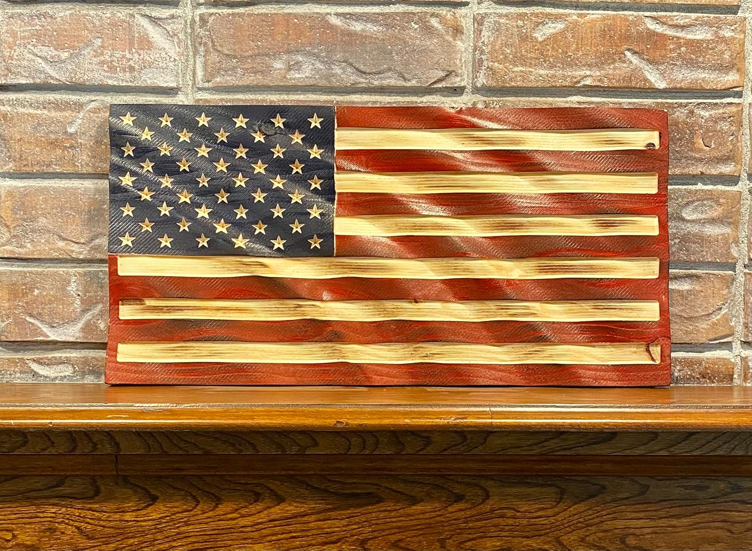 RBM Customs American Wood Flag Wavy 3-D - Pine Wood - Decorative Signage - 20 x 10 x 1 Inches