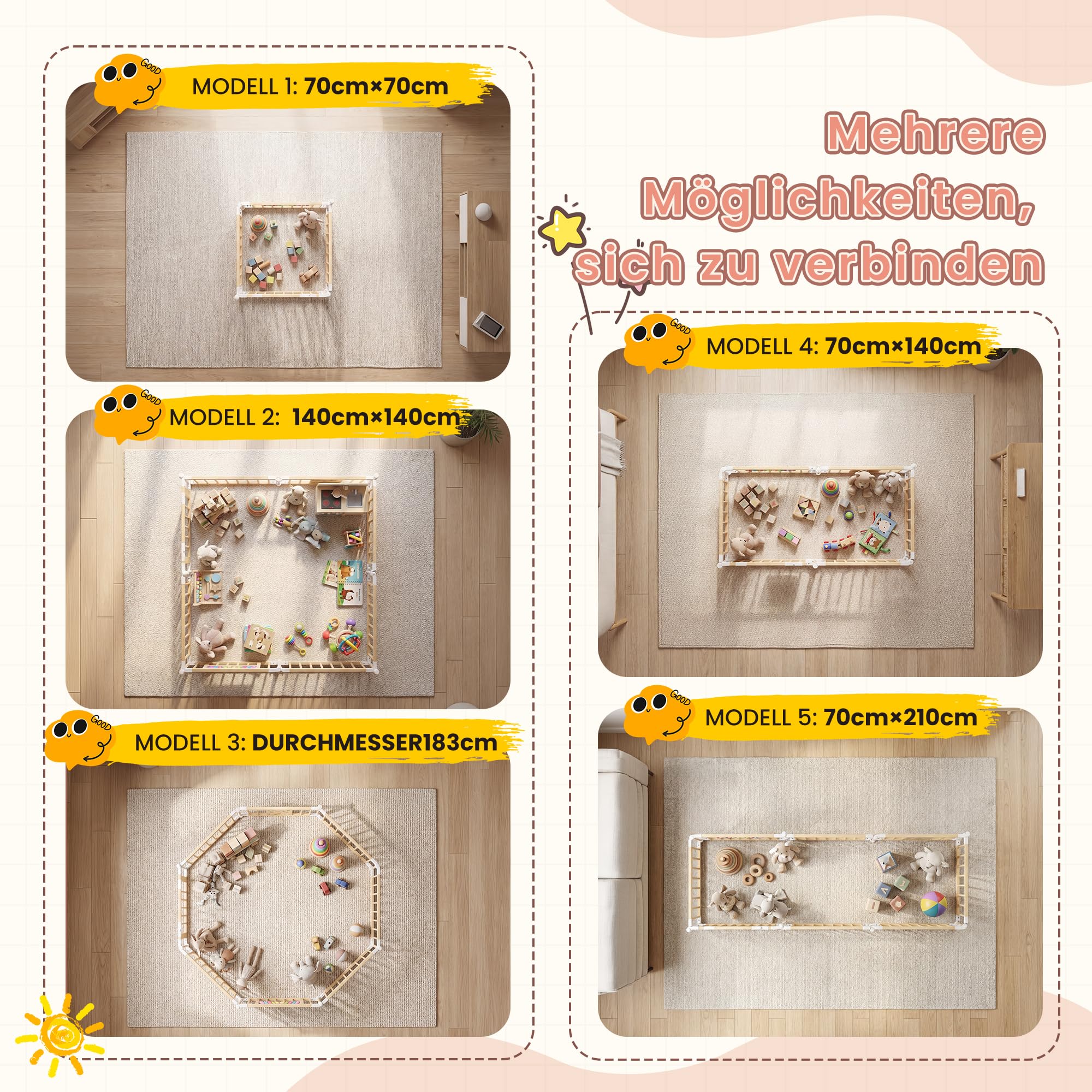 BLEKOO Laufstall Baby Holz mit Spielcenter – 140 x 140 cm Laufstall Baby Faltbar | Verstellbarer Holzlaufstall mit Spielzeug & Tor (8-teilig)