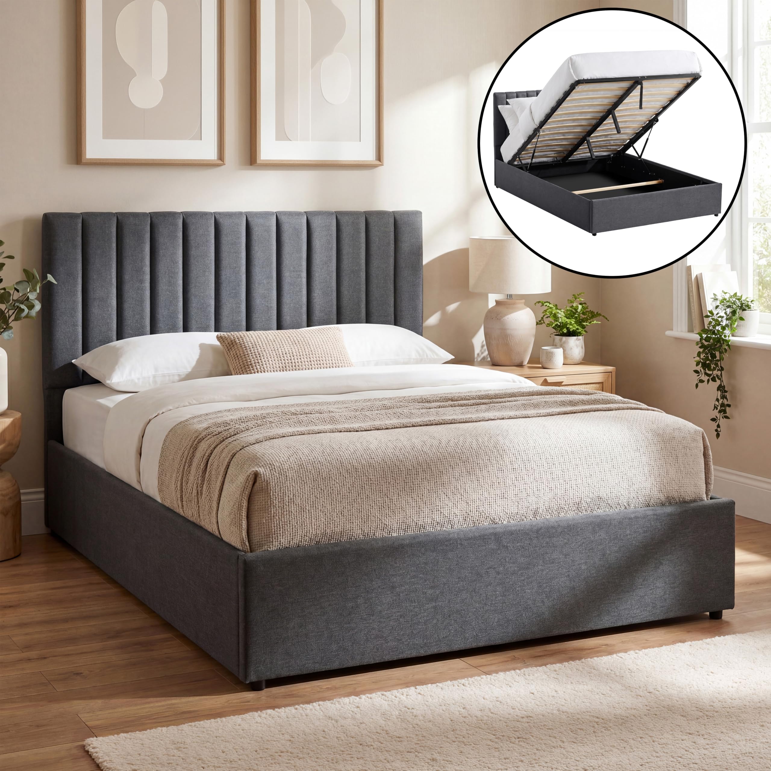 Vida Designs Vellaro King Ottoman Fabric Bed Frame | Dark Grey Linen | 103H x 160W x 210.5D cm (5ft) | Hydraulic Gas-Lift | Lift Up Storage | Slatted Base | Minimalist Furniture