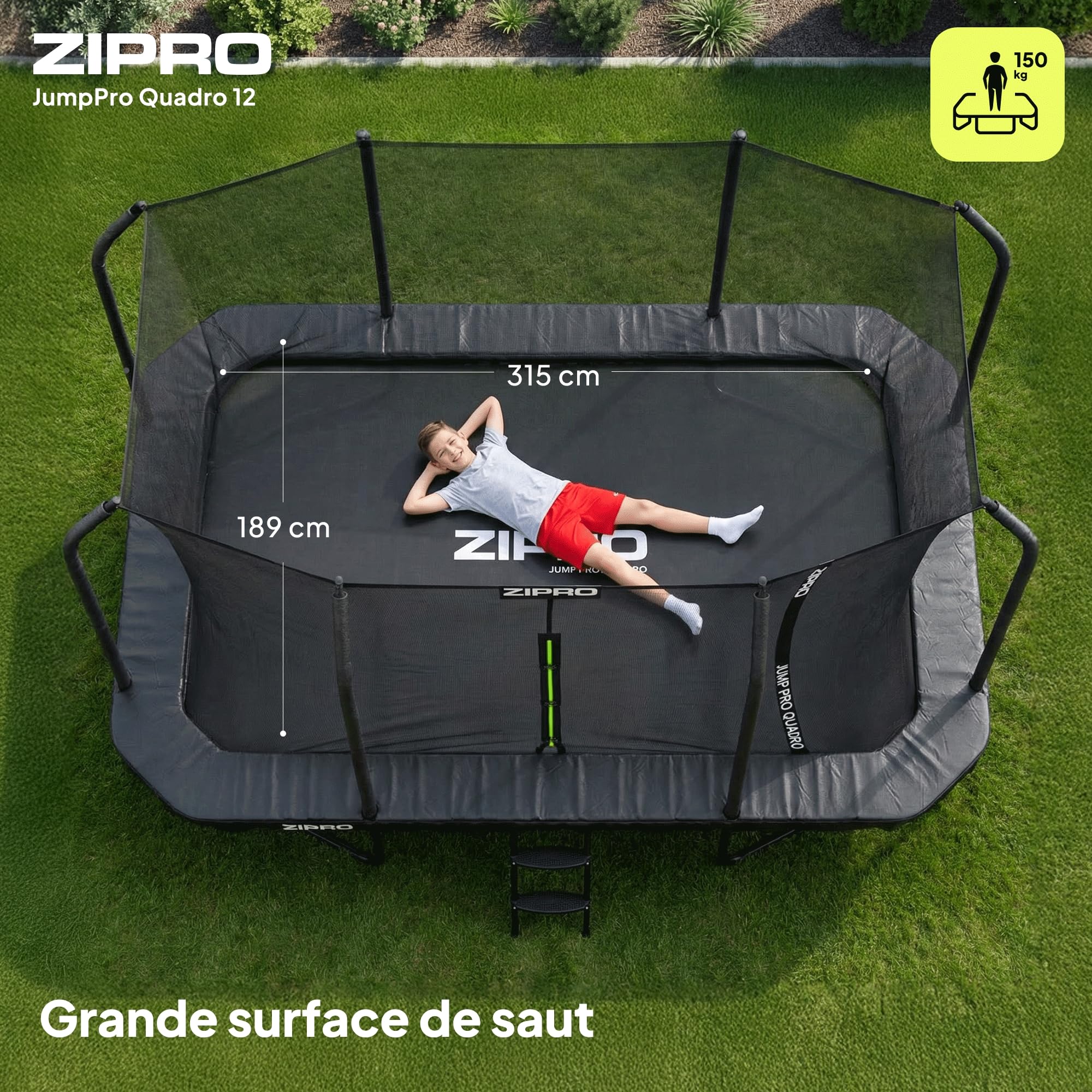 ZIPRO Trampoline Extérieur - Trampoline de Jardin Rectangulaire avec Filet de Sécurité, Tapis de Saut et Échelle - Trampoline Familial Charge Max 150 kg - JumpPro Quadro Ø 366/472 cm
