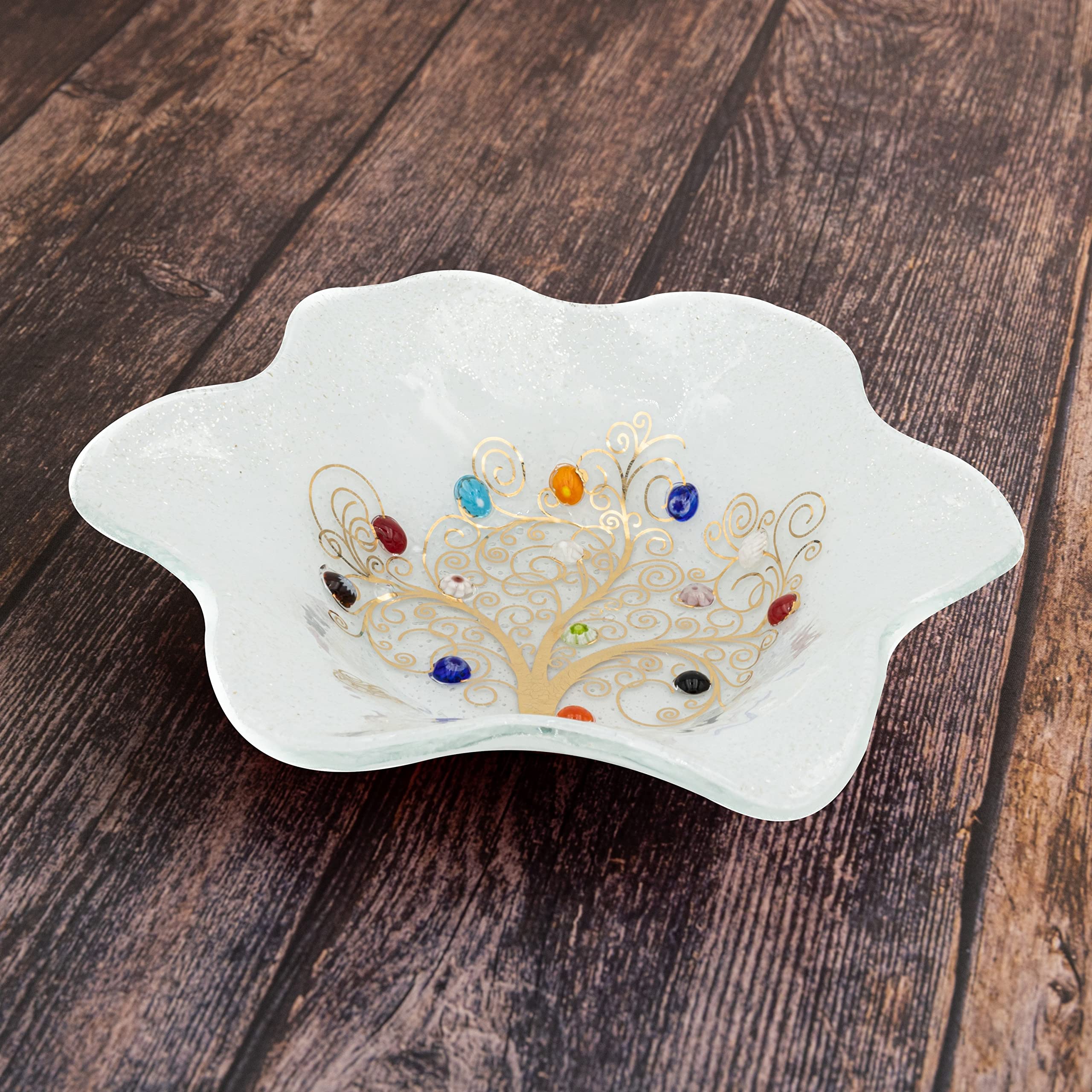 Sospiri Venezia Bandeja de Tocador de Vidrio de Murano Hecha a Mano, Cuenco Decorativo Árbol de la Vida con Murrinas y Hoja de Oro, Idea de Regalo, Hecha a Mano en Italia (13x13 cm)