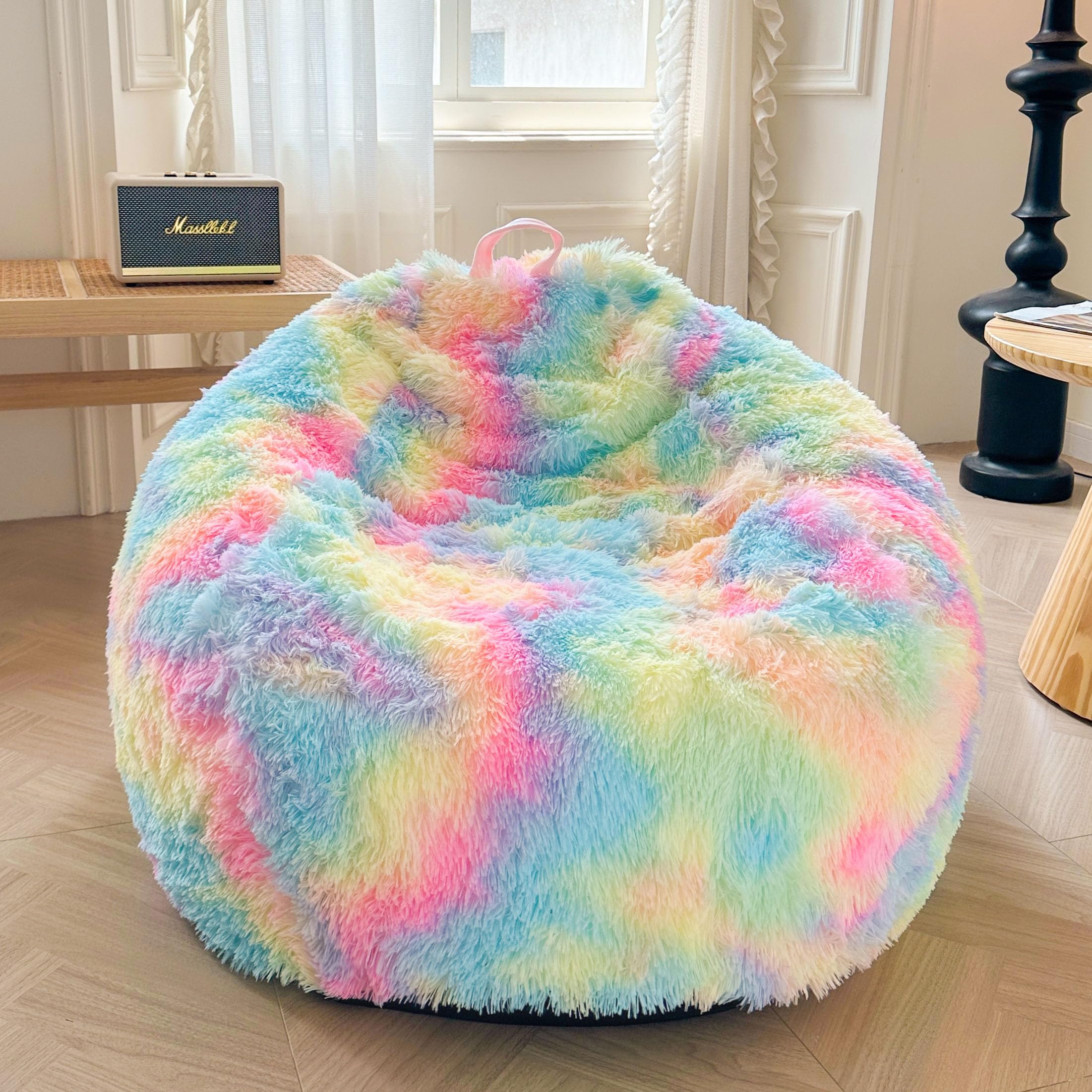 XeGe Faux Fur Comfy Bean Bag Cover(No Filler) for Living Room, Tie Dye Fluffy Stuffed Animal Storage Bean Bag Chair Cover, Furry Fuzzy Bean Bag Cover