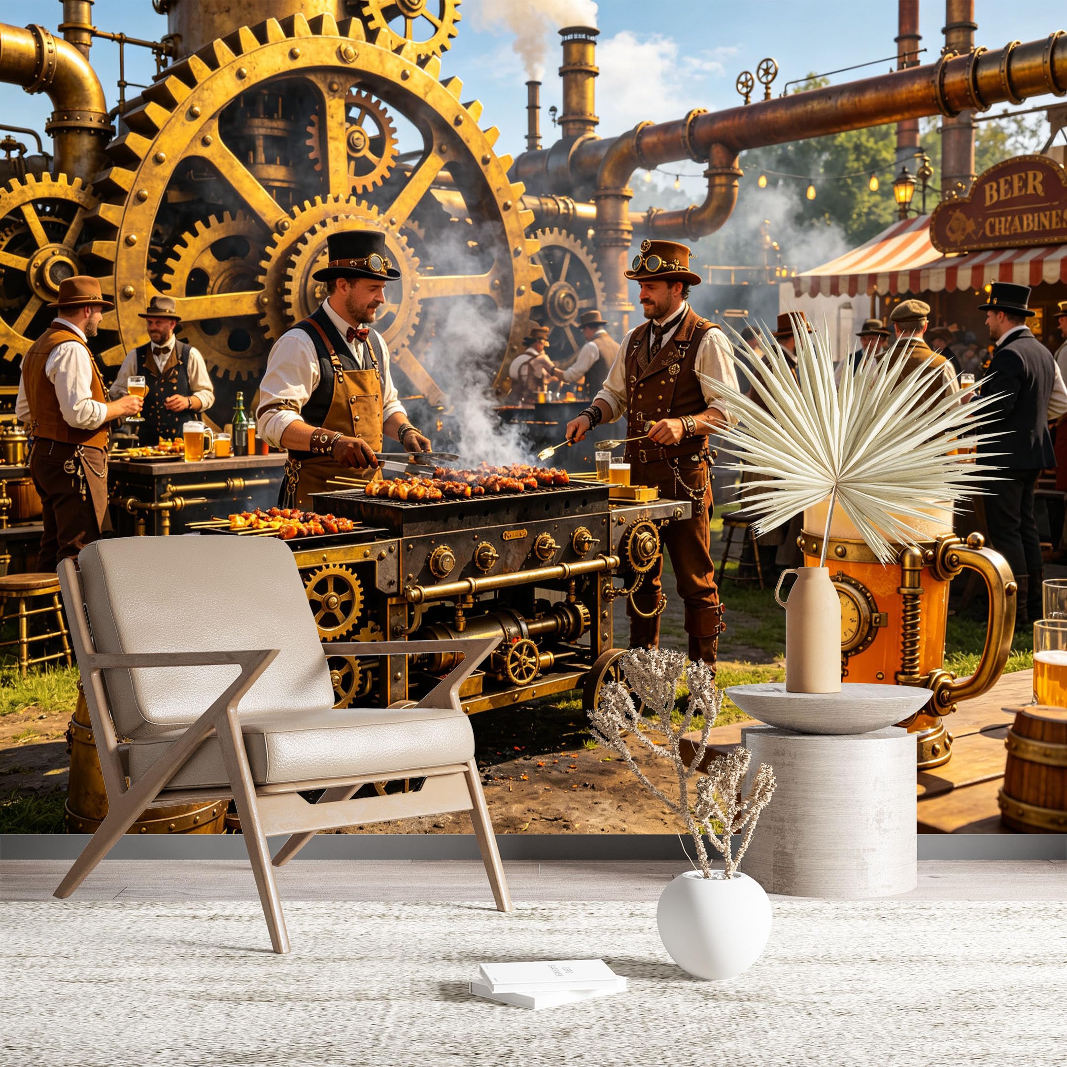 Custom Size Wall Murals Steampunk BBQ Party with Beer and Gears Vivid Self-Adhesive Wall Fabric (NO PVC) Removable Wallpaper for Outdoor Patio