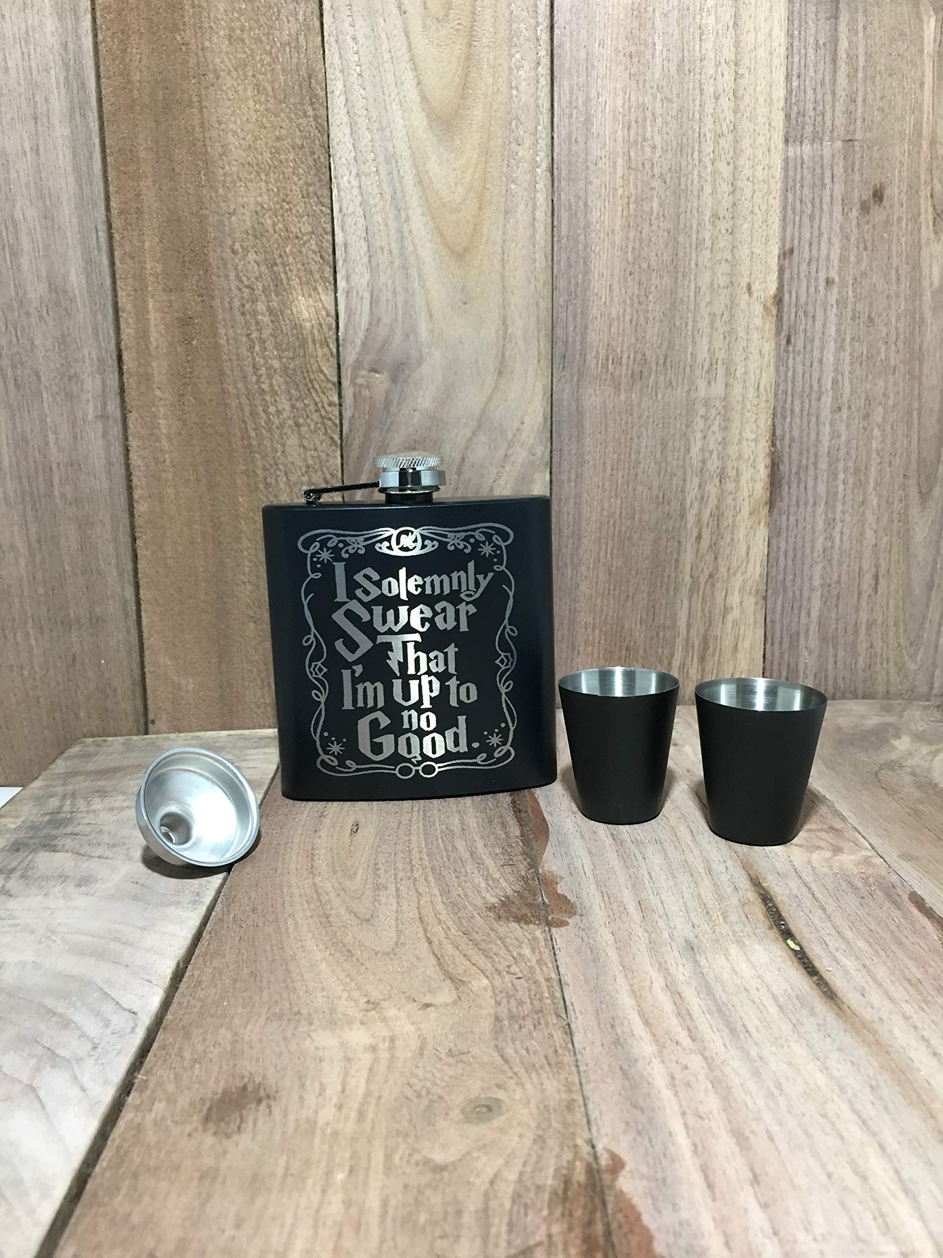 Custom Engraved I Solemnly Swear, I am up to no Good Black Flask with Gift Box