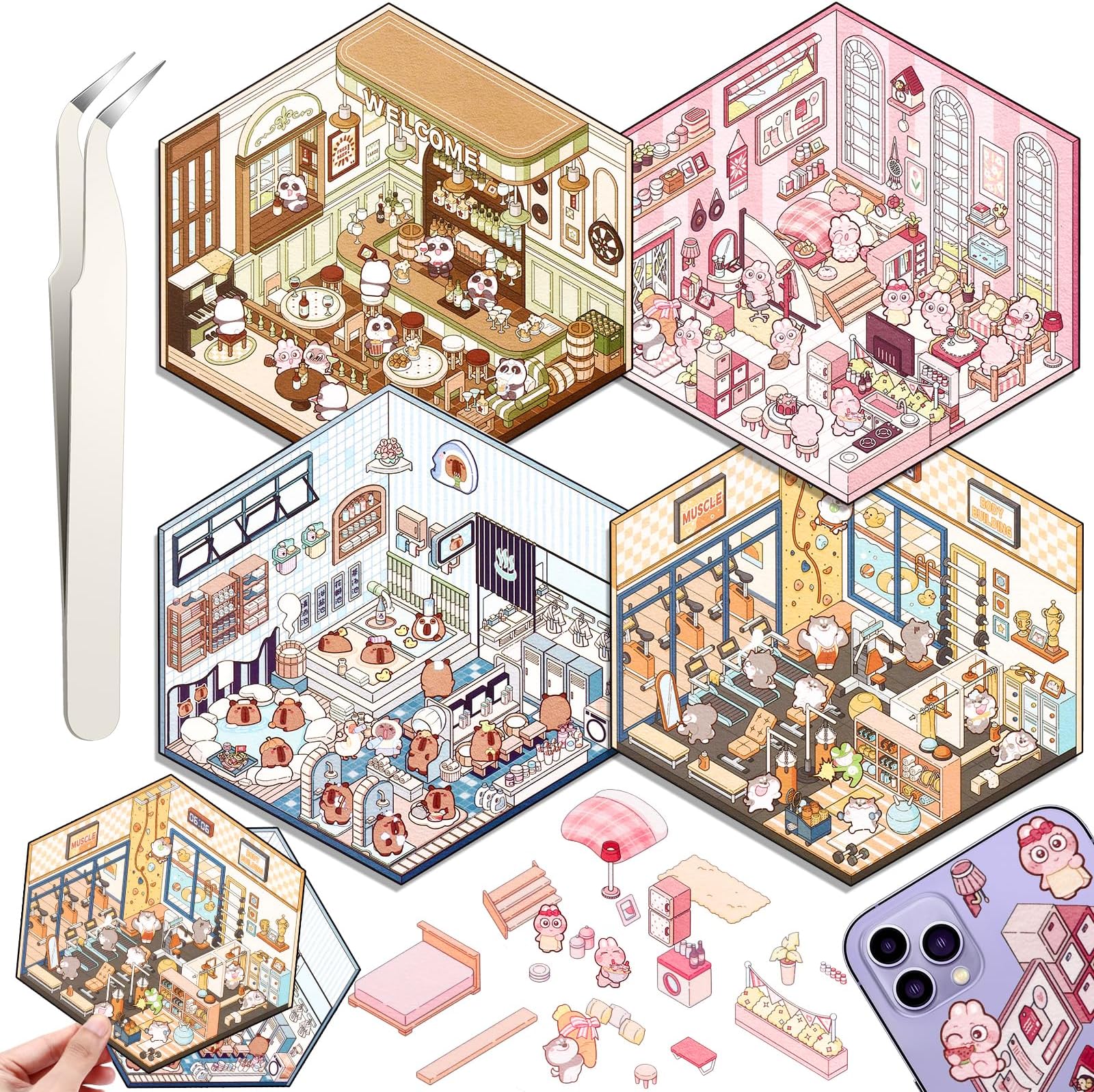 2 Sets DIY 3D Rabbit House Sticker Scenes - Carrot & Chocolate Factory Micro Room Crafts