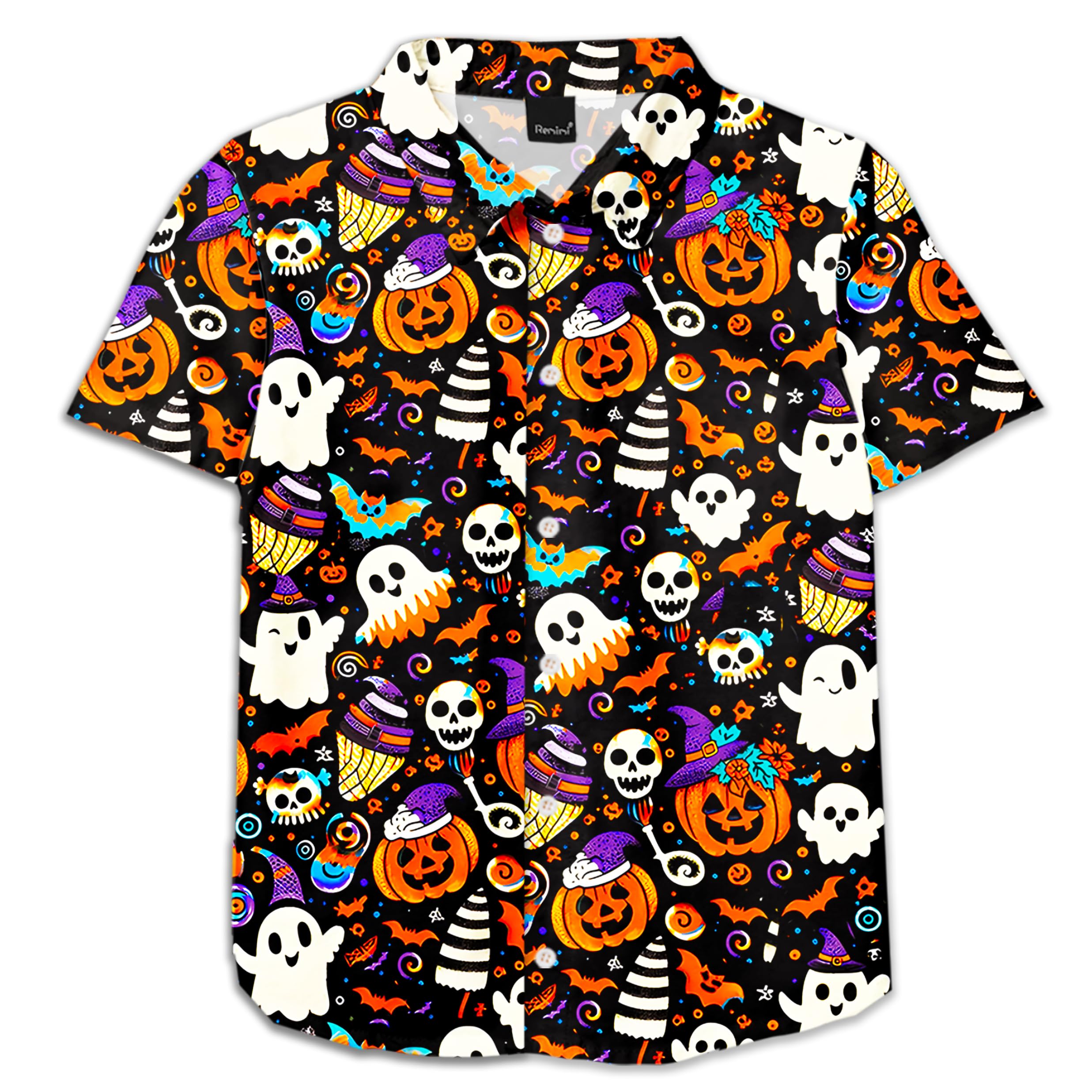 Remimi Unisex Kids Halloween Shirt Boys Pumpkin Ghost Shirts Hawaii Button Up Tops 5-14 Years