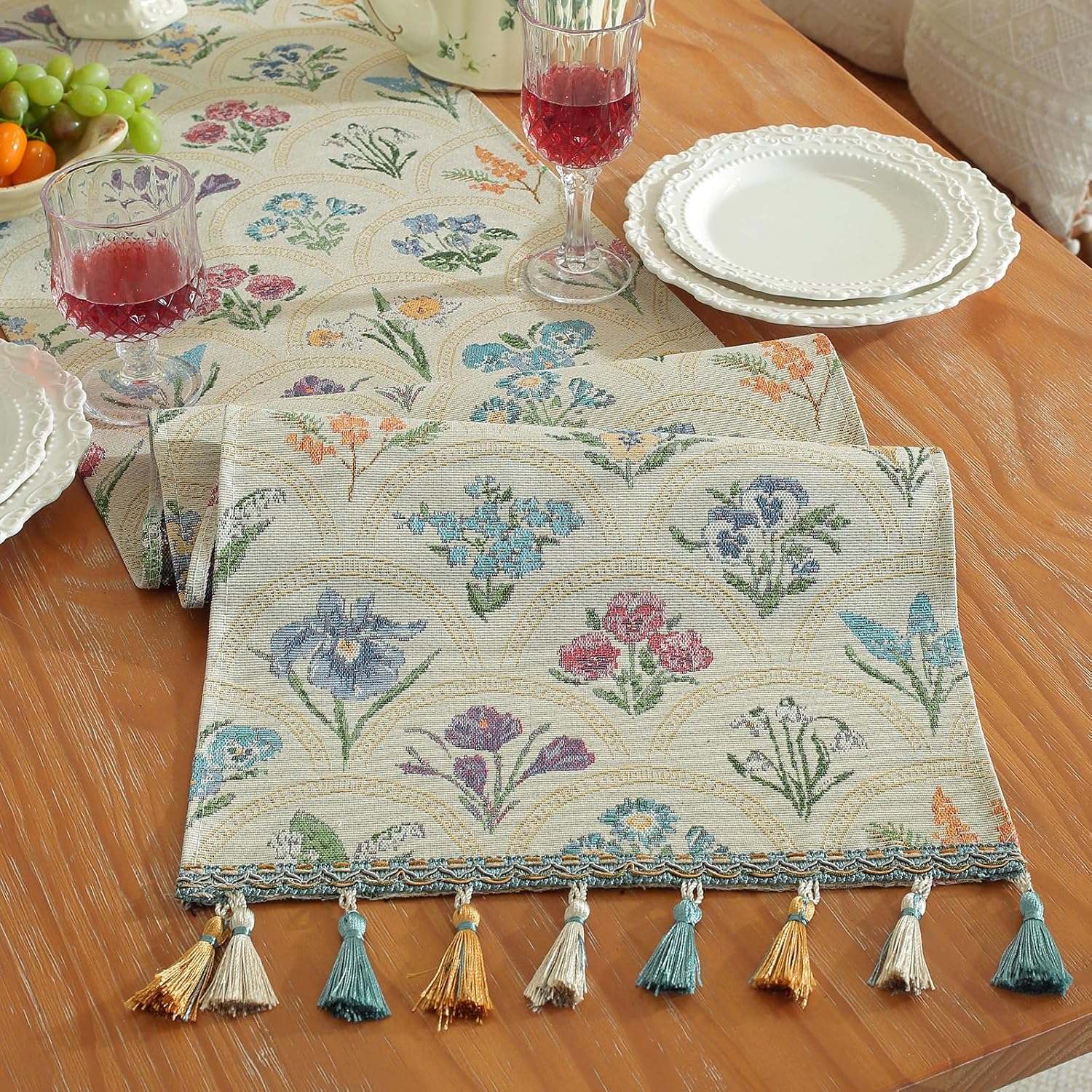 vctops Spring Floral Jacquard Table Runner 118 Inches Long with Colorful Tassels Boho Vintage Kitchen Dining Table Decoration for Home Party Decor (Beige,13"x118")