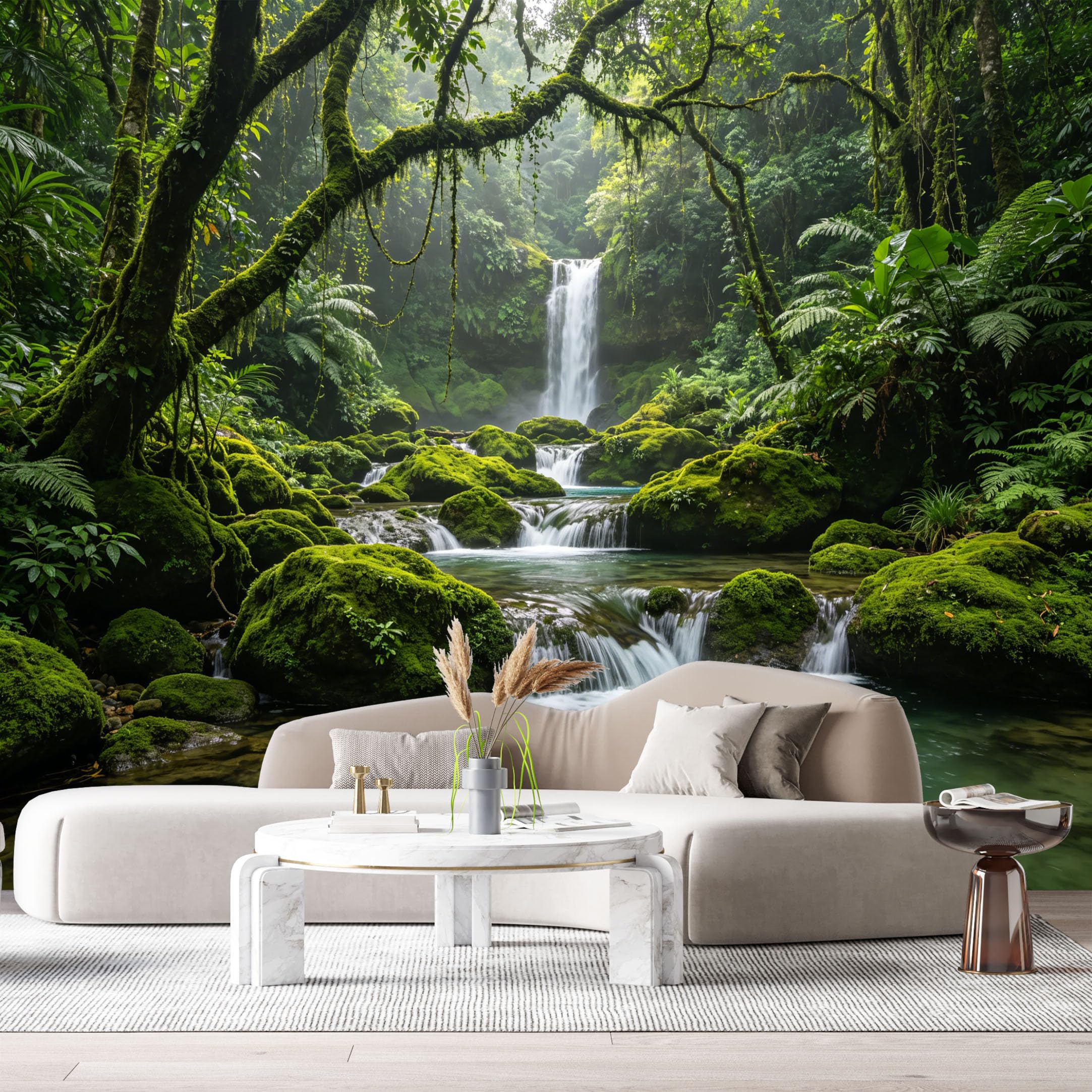 Custom Size Wall Murals Tropical Jungle Waterfall Stream Mossy Rock Landscape SelfAdhesive Wall Fabric Removable Large Wallpaper for Photo Living Room