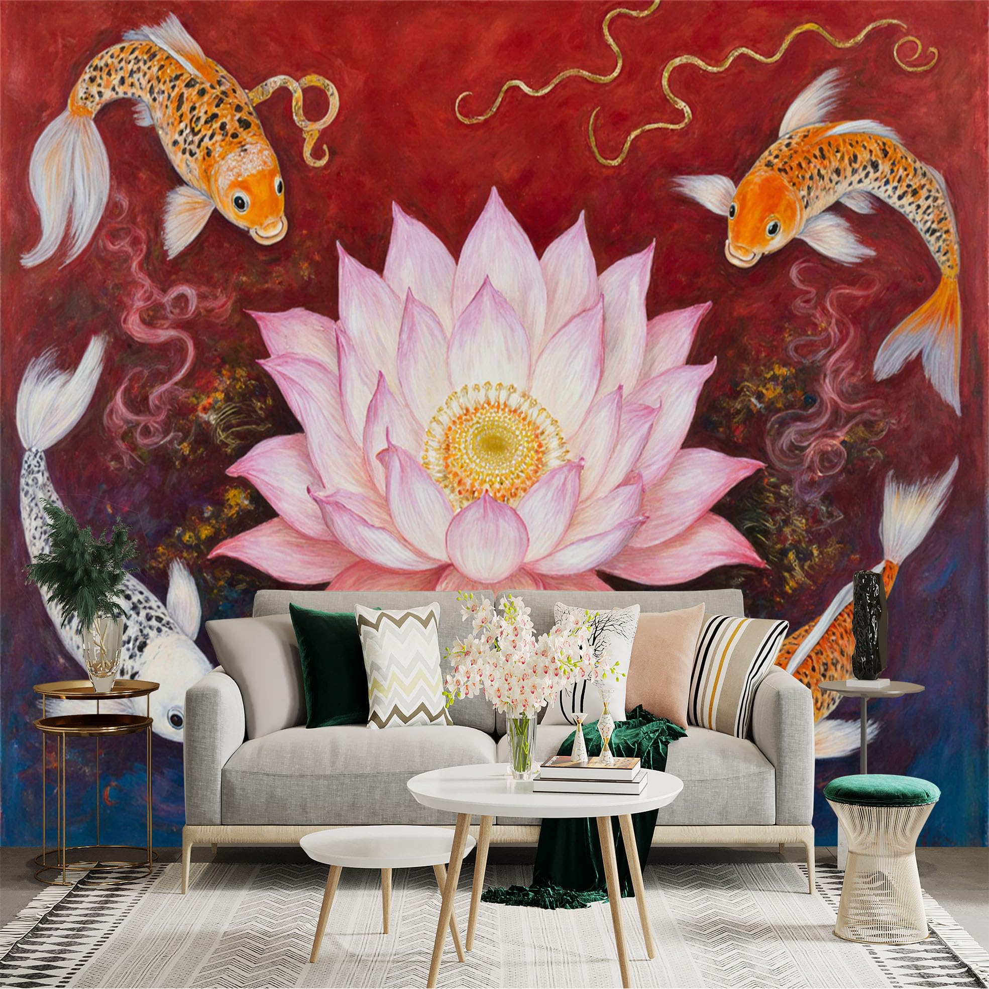 Custom Size Wall Sticker Mural， Pink Lotus Flower with Vibrant Swimming Koi Fish， Traditional Asian Art Style， for wall Decoration， peelandstick wall Decals.