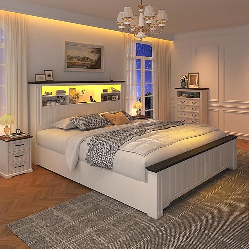 Miniatura 10 de EnHomee Estructura de cama Queen con 4 cajones de almacenamiento, estructura de cama tamaño Queen con cabecera, cama Queen con luces LED y puertos