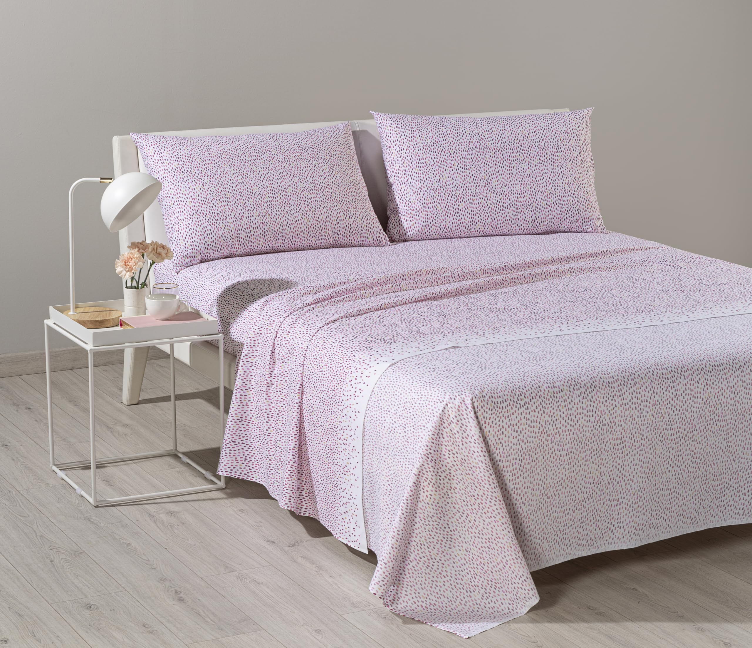 Caleffi Komplet pościeli na łóżko dwuosobowe, 100% miękka bawełna, prześcieradło z gumką 180 x 200 x 25 cm, prześcieradło wierzchnie 240 x 280 cm, 2 poszewki na poduszki 50 x 80 cm (różowe krople)